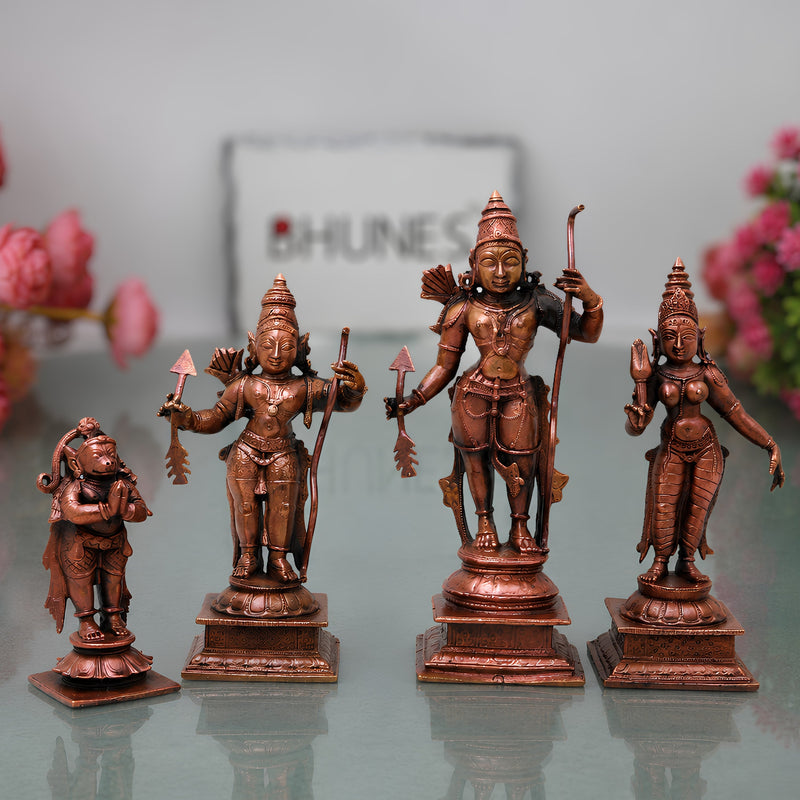 Copper Ramdarbar Idol with Sita Ram Lakshman Hanuman for Pooja, Handcrafted Vastu & Home Decor, Brown, 6 Inch, 1 Piece