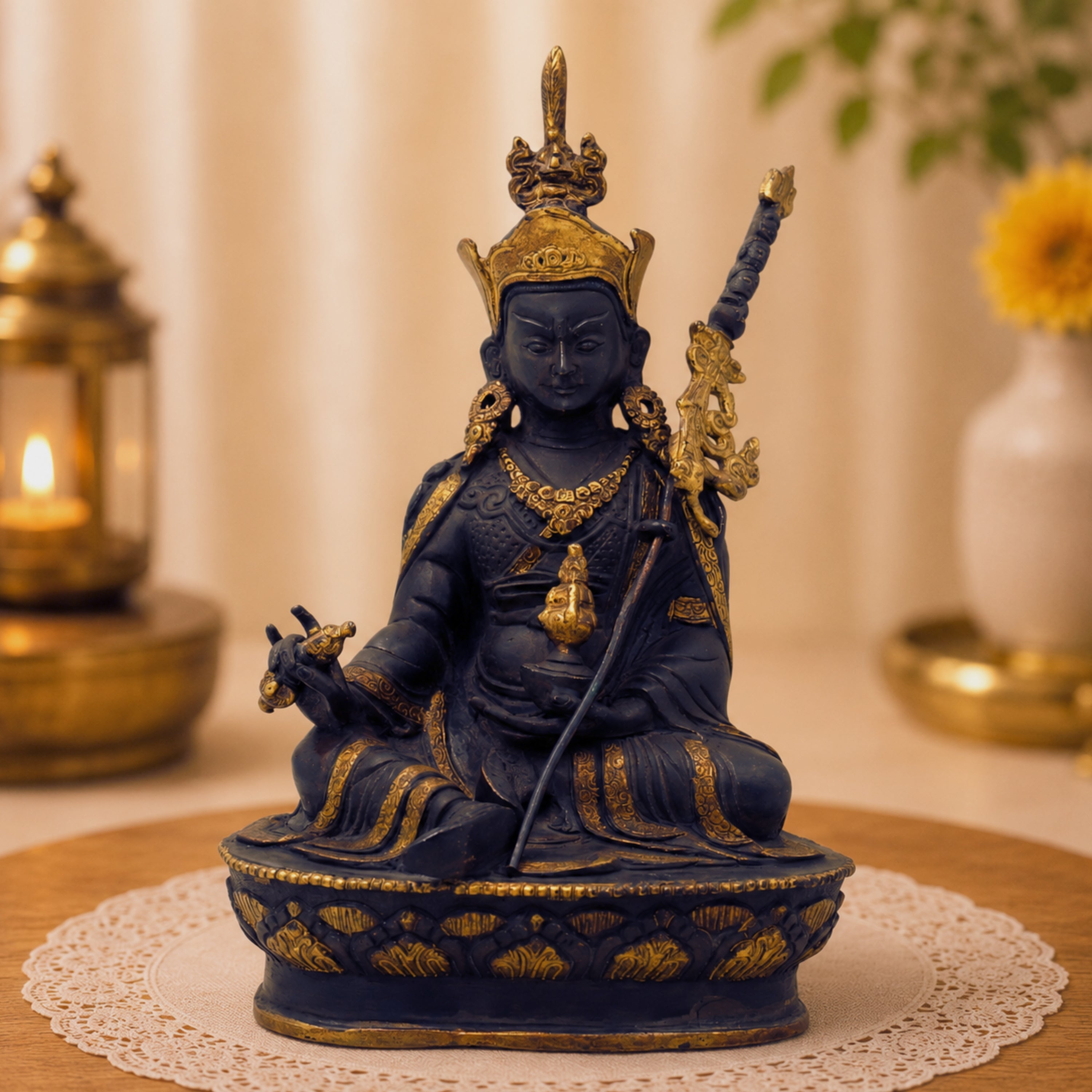 Brass Guru Rinpoche Padmasambhava Idol for Pooja, Handcrafted Traditional Tibetan Home Decor Gift Statue, Black, 8.5 Inch, 1 Piece
