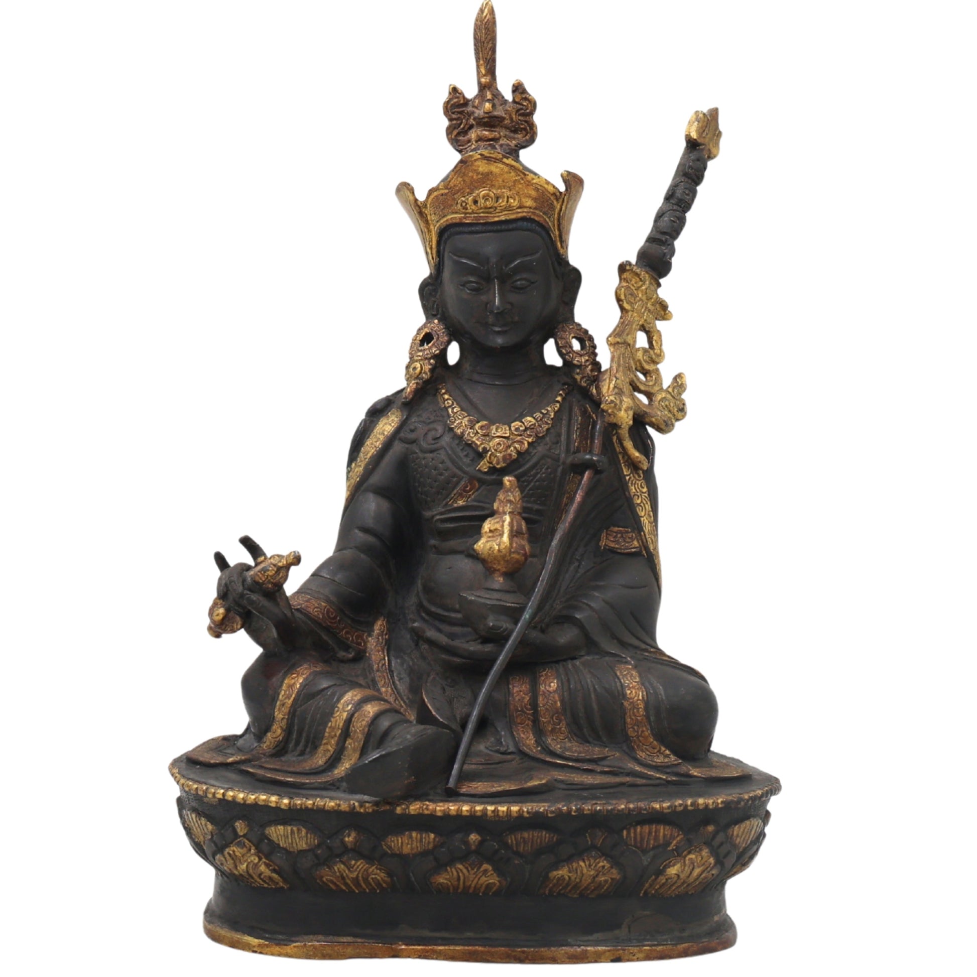 Brass Guru Rinpoche Padmasambhava Idol for Pooja, Handcrafted Traditional Tibetan Home Decor Gift Statue, Black, 8.5 Inch, 1 Piece
