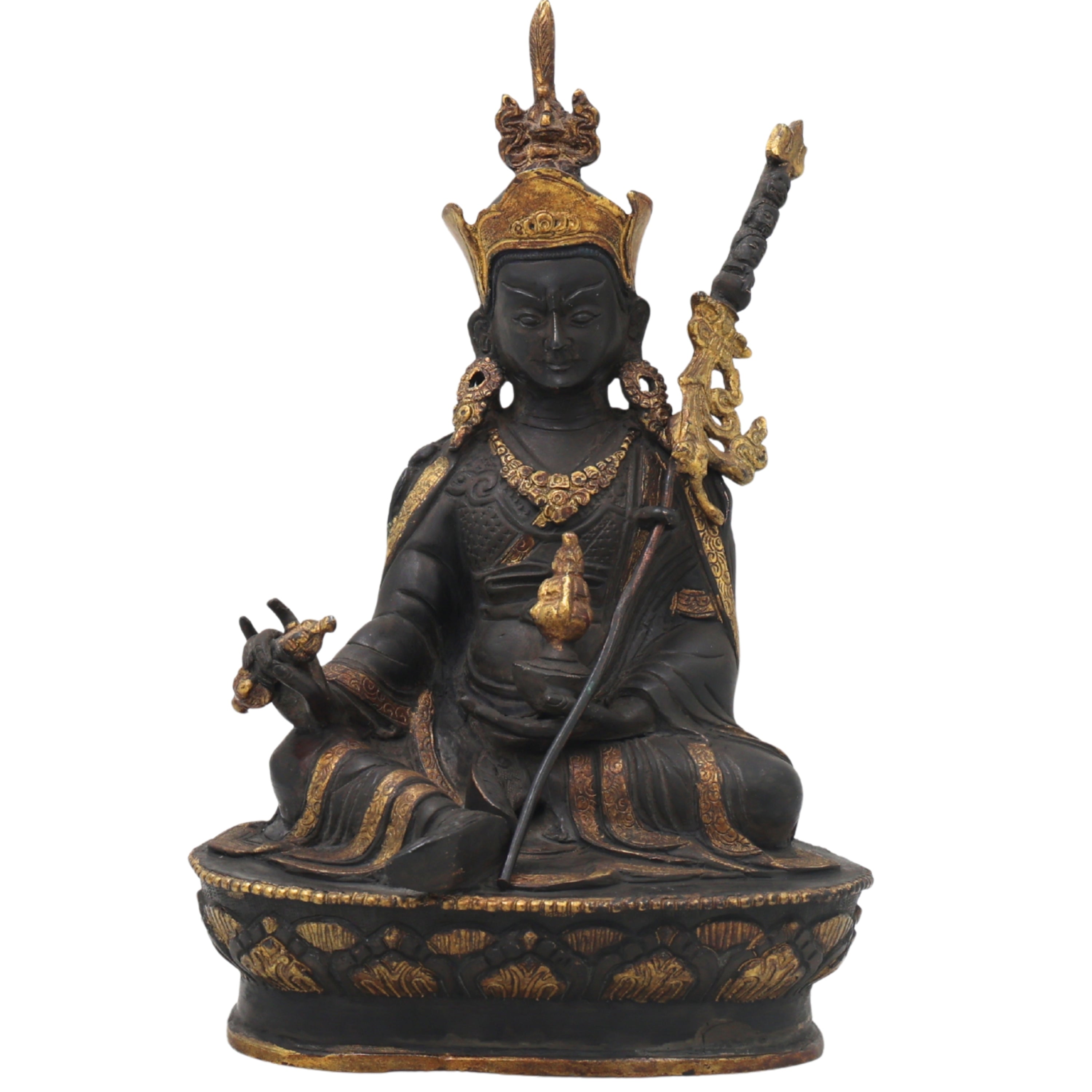 Brass Guru Rinpoche Padmasambhava Idol for Pooja, Handcrafted Traditional Tibetan Home Decor Gift Statue, Black, 8.5 Inch, 1 Piece