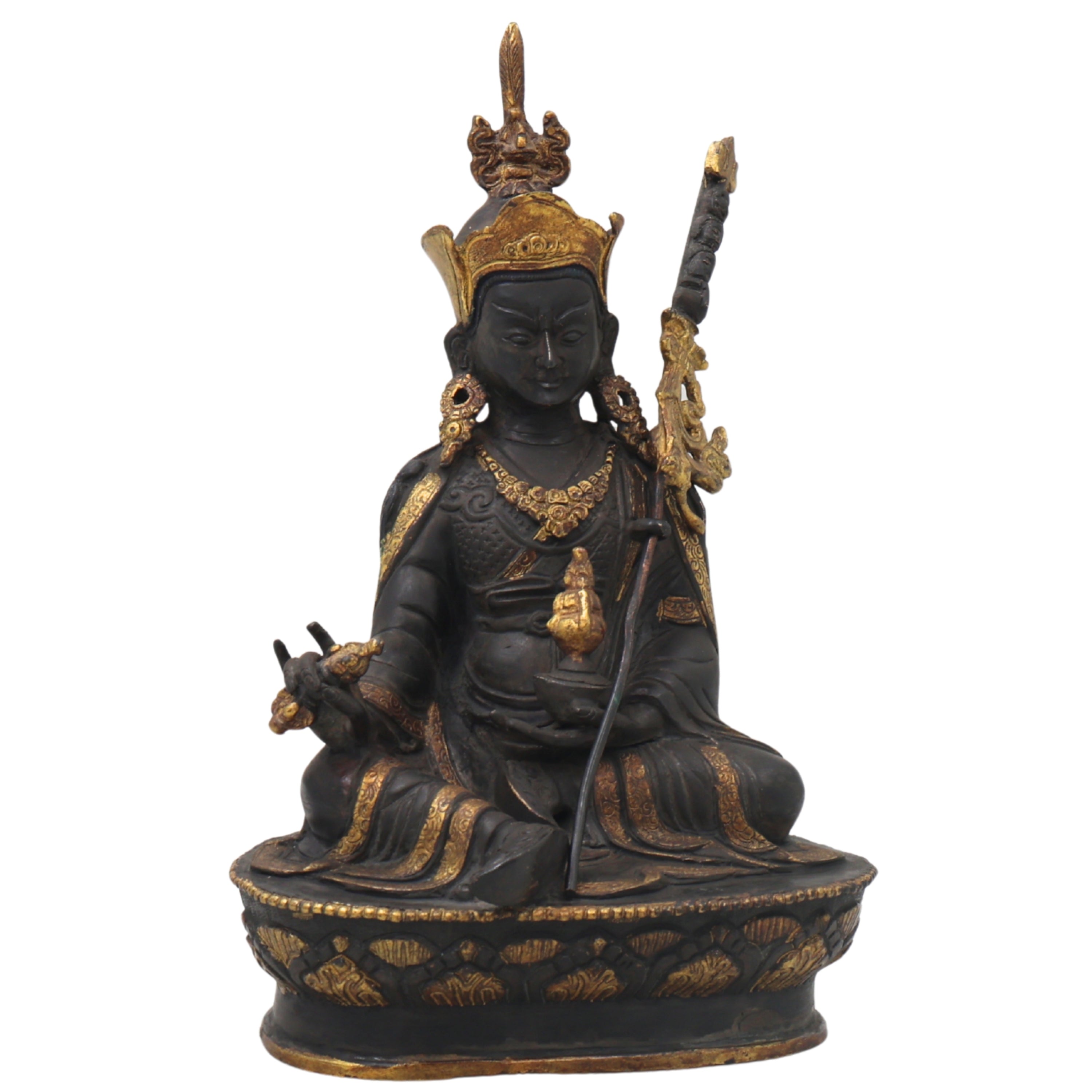 Brass Guru Rinpoche Padmasambhava Idol for Pooja, Handcrafted Traditional Tibetan Home Decor Gift Statue, Black, 8.5 Inch, 1 Piece
