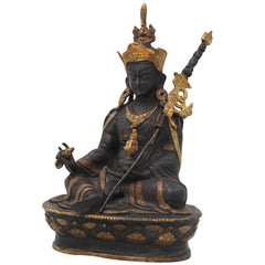 Brass Guru Rinpoche Padmasambhava Idol for Pooja, Handcrafted Traditional Tibetan Home Decor Gift Statue, Black, 8.5 Inch, 1 Piece