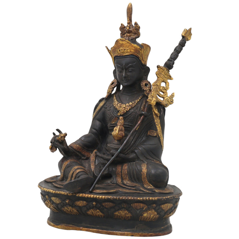 Brass Guru Rinpoche Padmasambhava Idol for Pooja, Handcrafted Traditional Tibetan Home Decor Gift Statue, Black, 8.5 Inch, 1 Piece