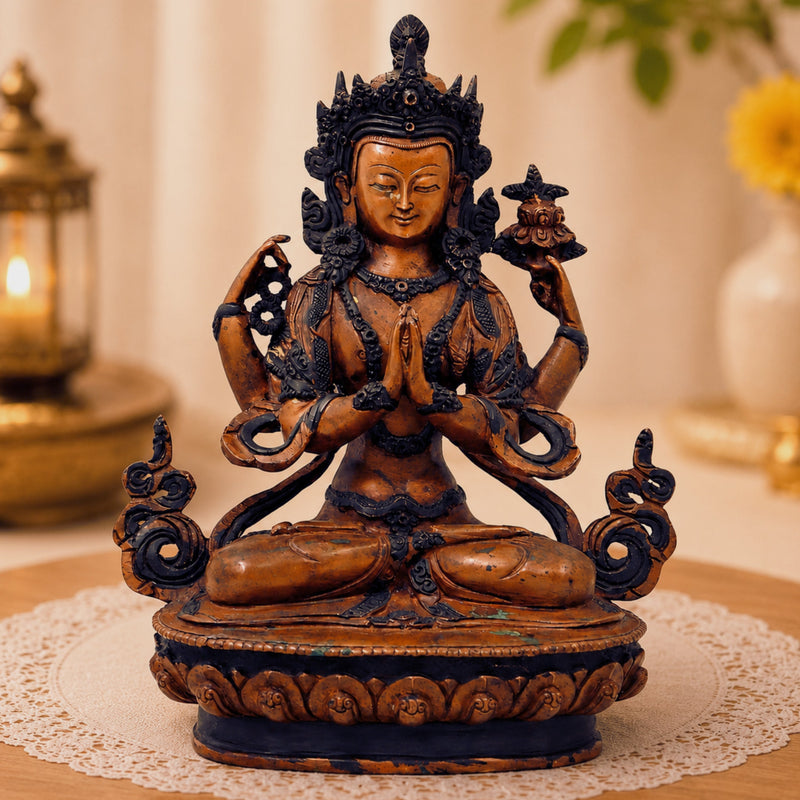 Brass Avalokiteshvara Idol Padmapani Lokeshvara Handcrafted Traditional Buddhist Pooja Home Decor Gift, Brown, 8.5 Inch, 1 Piece