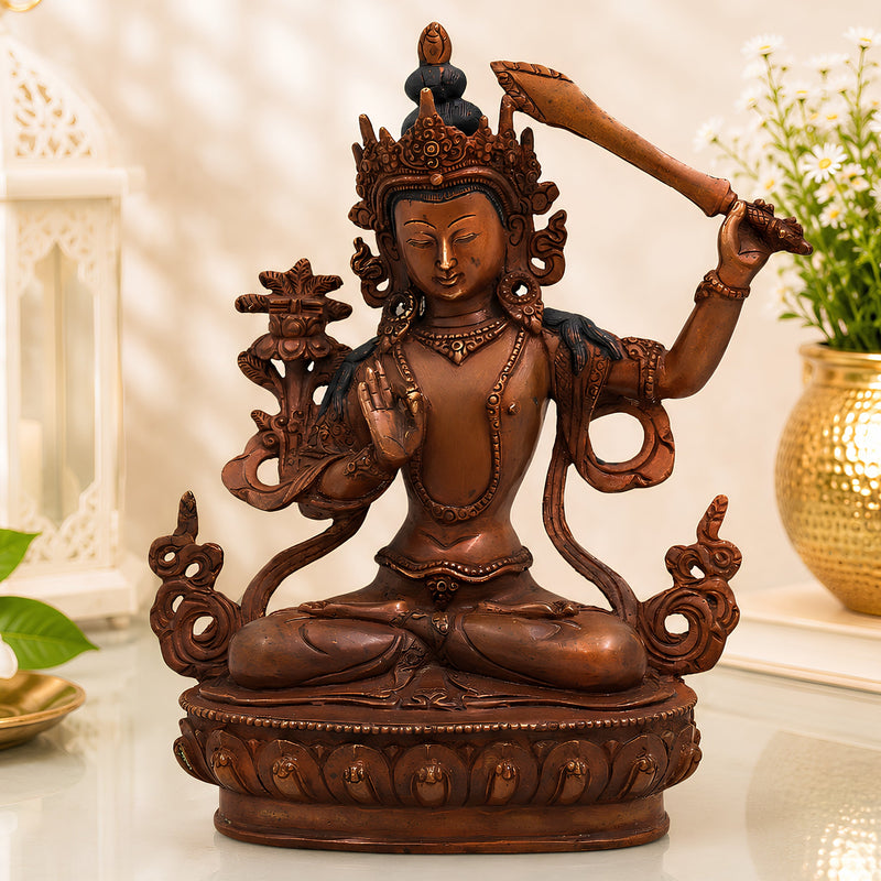 Handcrafted Brass Manjushri Idol for Wisdom, Meditation, Spiritual Decor &amp; Temple Pooja, Brown, 9.5 Inch, 1 Piece