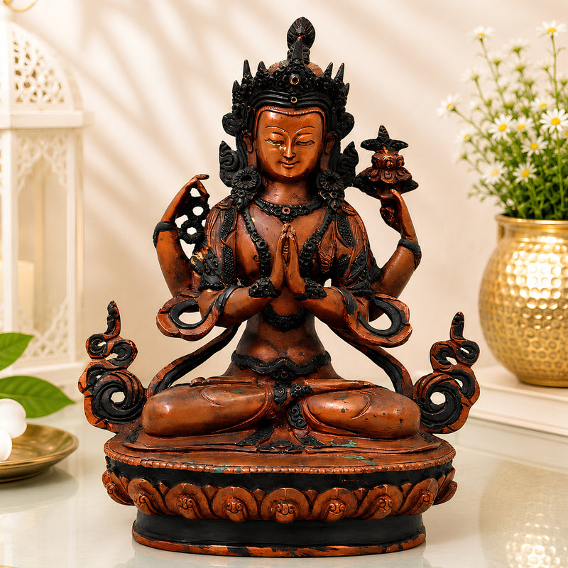 Brass Avalokiteshvara Idol Padmapani Lokeshvara Handcrafted Traditional Buddhist Pooja Home Decor Gift, Brown, 8.5 Inch, 1 Piece