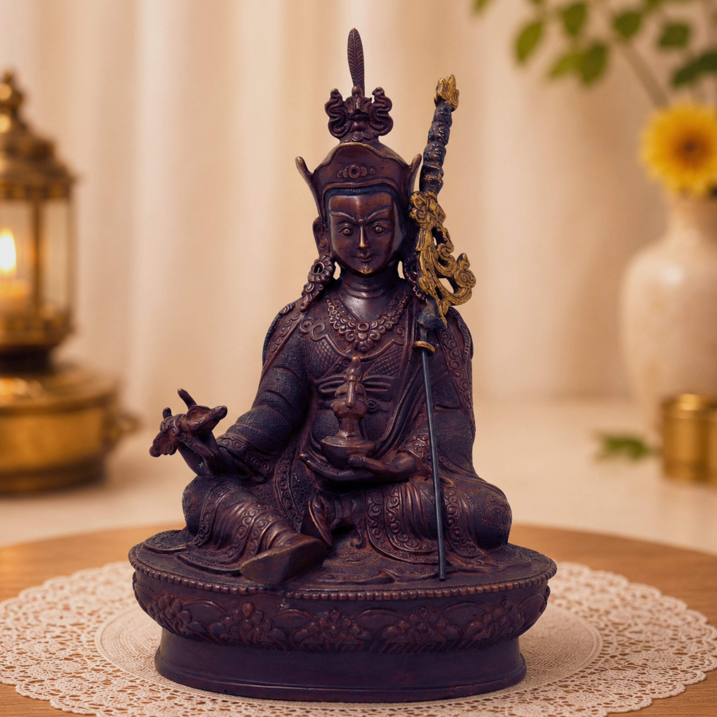 Brass Padmasambhava Guru Rinpoche Sculpture for Home Temple, Tibetan Buddhist Vajrayana Meditation Idol &amp; Spiritual Decor Statue, Brown, 8.5 Inch, 1 Piece