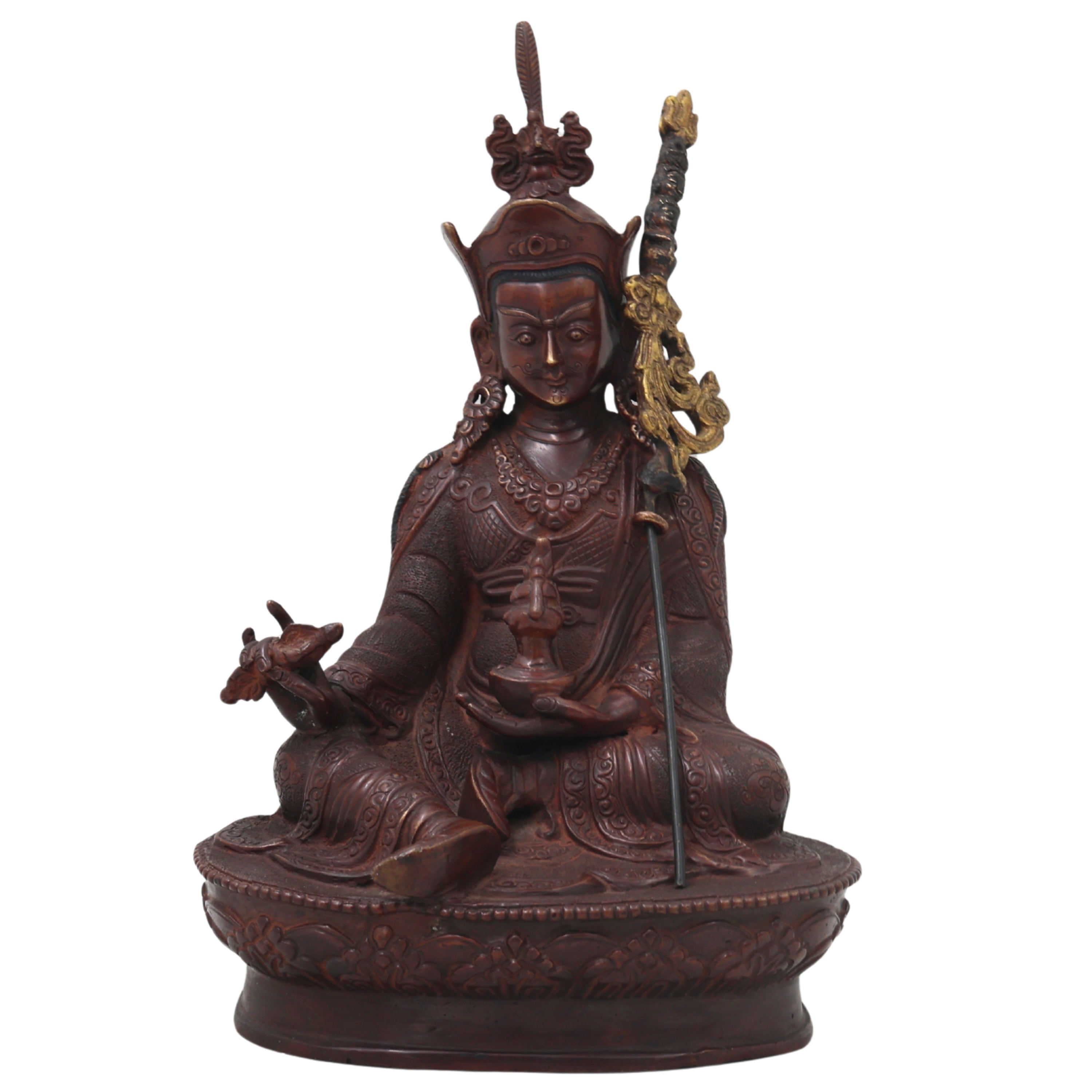 Brass Padmasambhava Guru Rinpoche Sculpture for Home Temple, Tibetan Buddhist Vajrayana Meditation Idol &amp; Spiritual Decor Statue, Brown, 8.5 Inch, 1 Piece