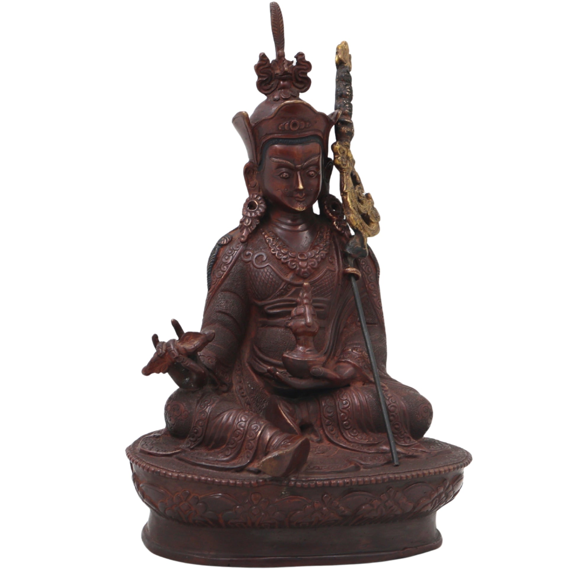 Brass Padmasambhava Guru Rinpoche Sculpture for Home Temple, Tibetan Buddhist Vajrayana Meditation Idol &amp; Spiritual Decor Statue, Brown, 8.5 Inch, 1 Piece