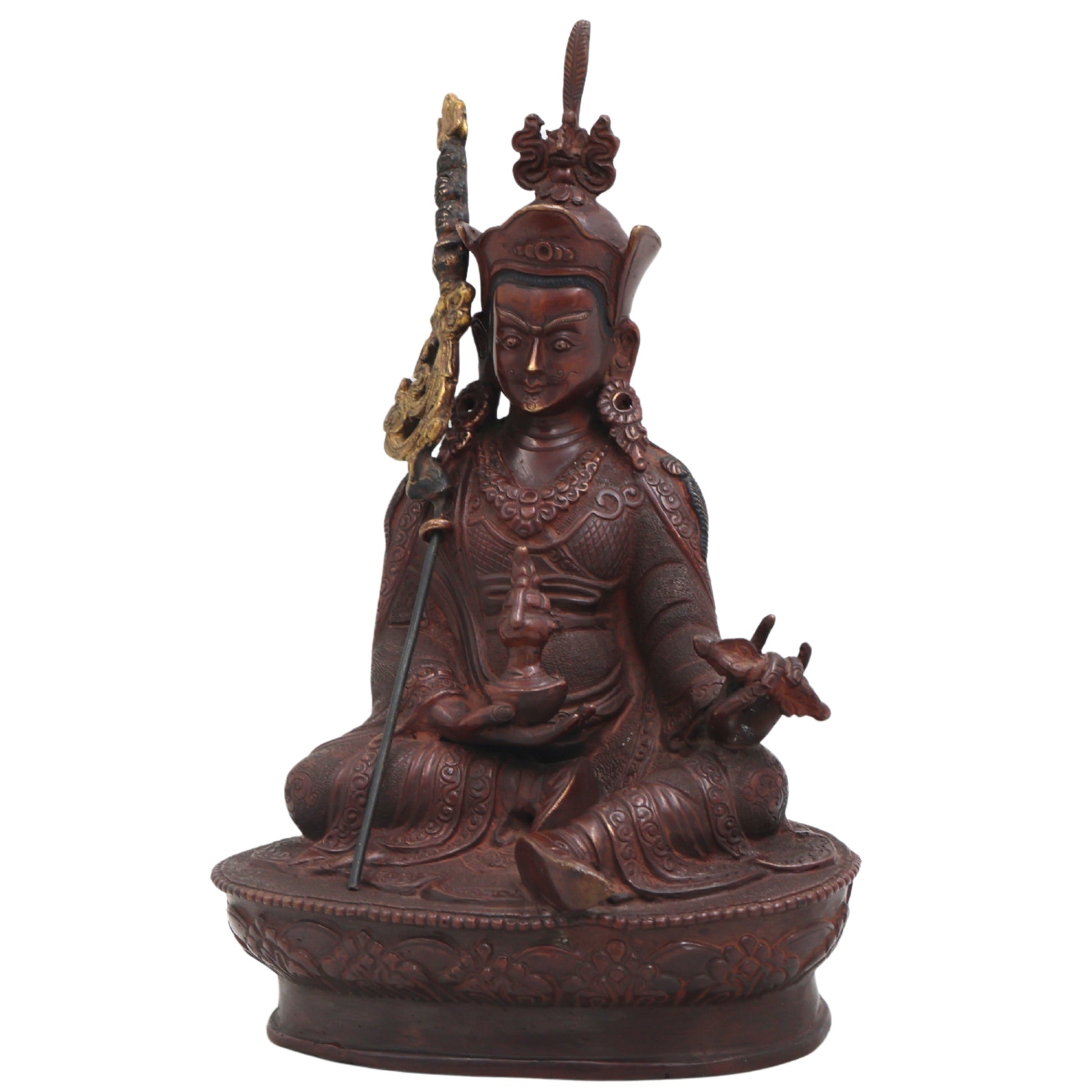 Brass Padmasambhava Guru Rinpoche Sculpture for Home Temple, Tibetan Buddhist Vajrayana Meditation Idol &amp; Spiritual Decor Statue, Brown, 8.5 Inch, 1 Piece