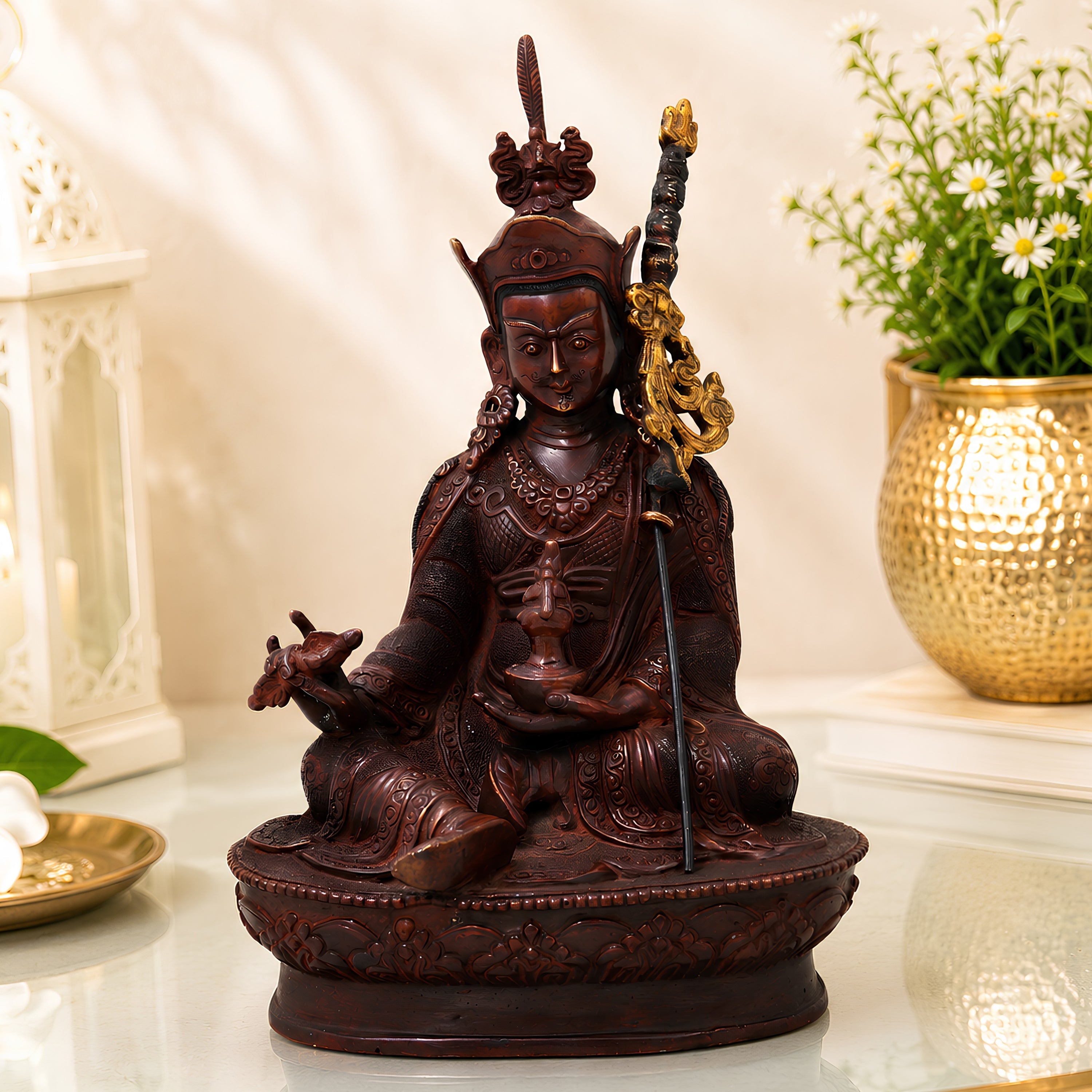 Brass Padmasambhava Guru Rinpoche Sculpture for Home Temple, Tibetan Buddhist Vajrayana Meditation Idol &amp; Spiritual Decor Statue, Brown, 8.5 Inch, 1 Piece