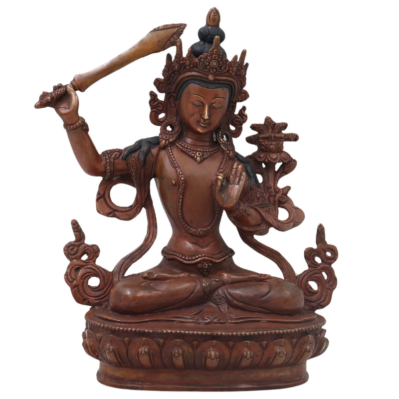 Handcrafted Brass Manjushri Idol for Wisdom, Meditation, Spiritual Decor &amp; Temple Pooja, Brown, 9.5 Inch, 1 Piece