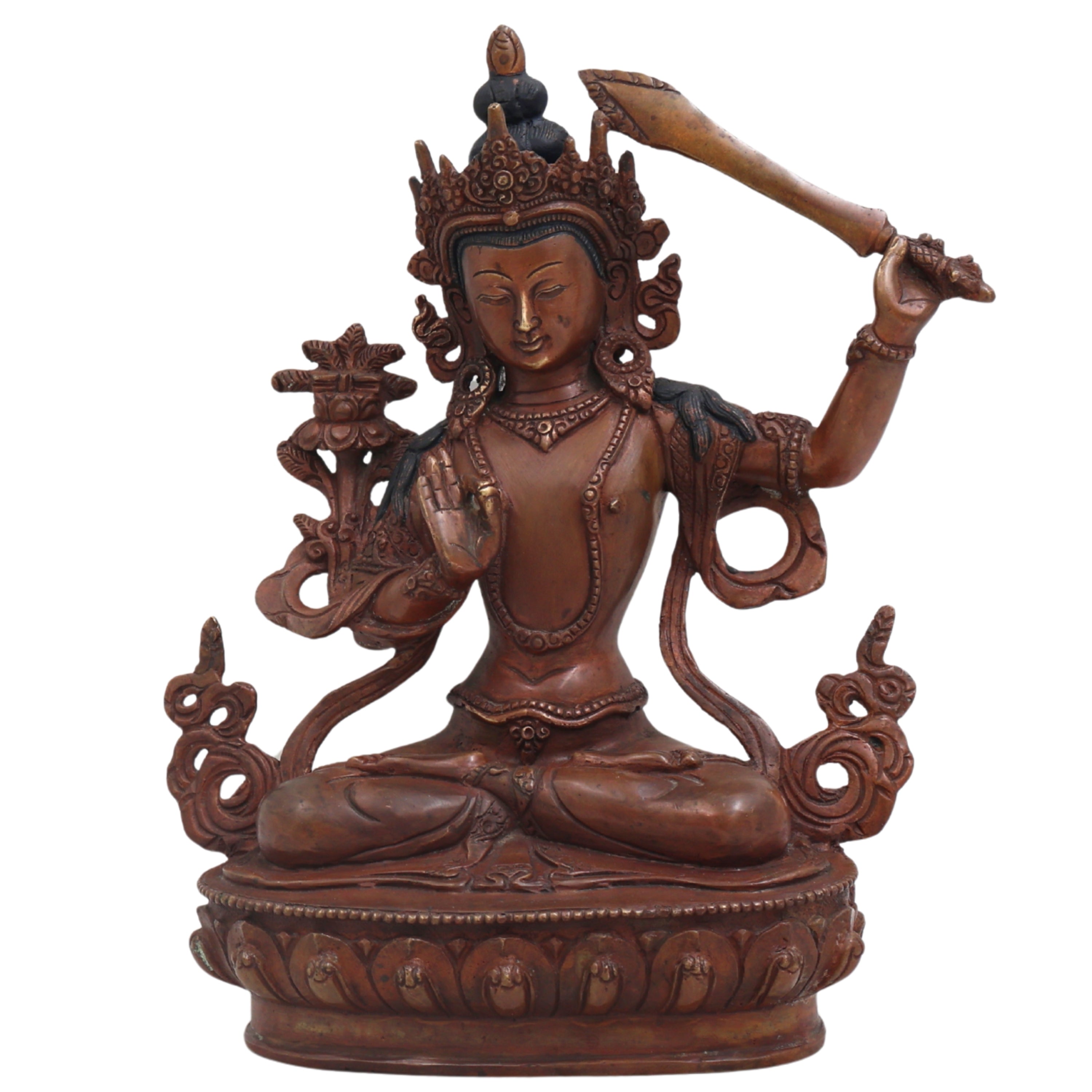 Handcrafted Brass Manjushri Idol for Wisdom, Meditation, Spiritual Decor &amp; Temple Pooja, Brown, 9.5 Inch, 1 Piece