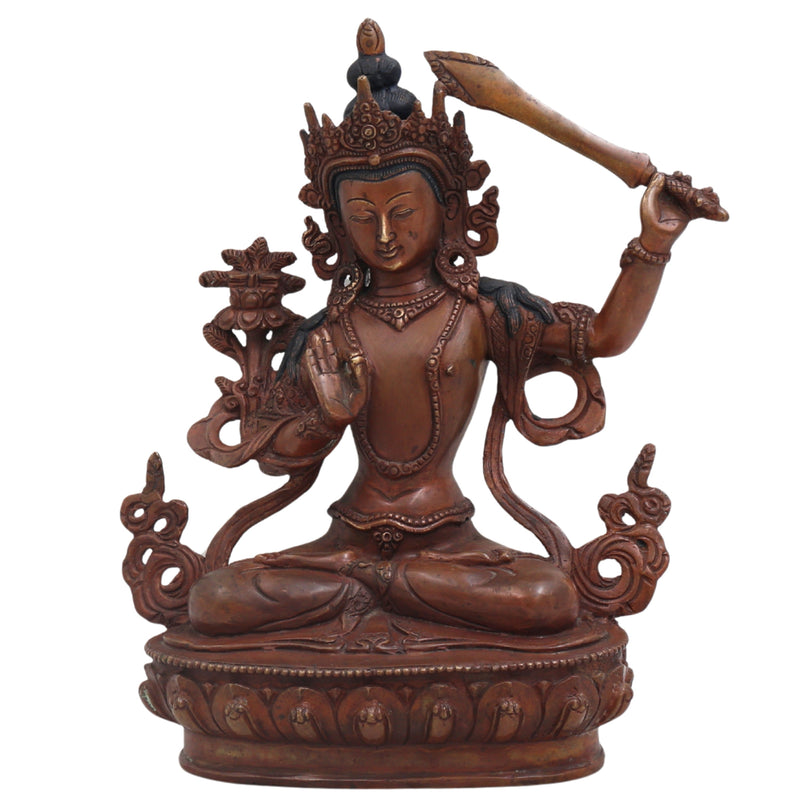 Handcrafted Brass Manjushri Idol for Wisdom, Meditation, Spiritual Decor &amp; Temple Pooja, Brown, 9.5 Inch, 1 Piece
