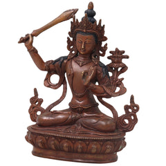 Handcrafted Brass Manjushri Idol for Wisdom, Meditation, Spiritual Decor &amp; Temple Pooja, Brown, 9.5 Inch, 1 Piece