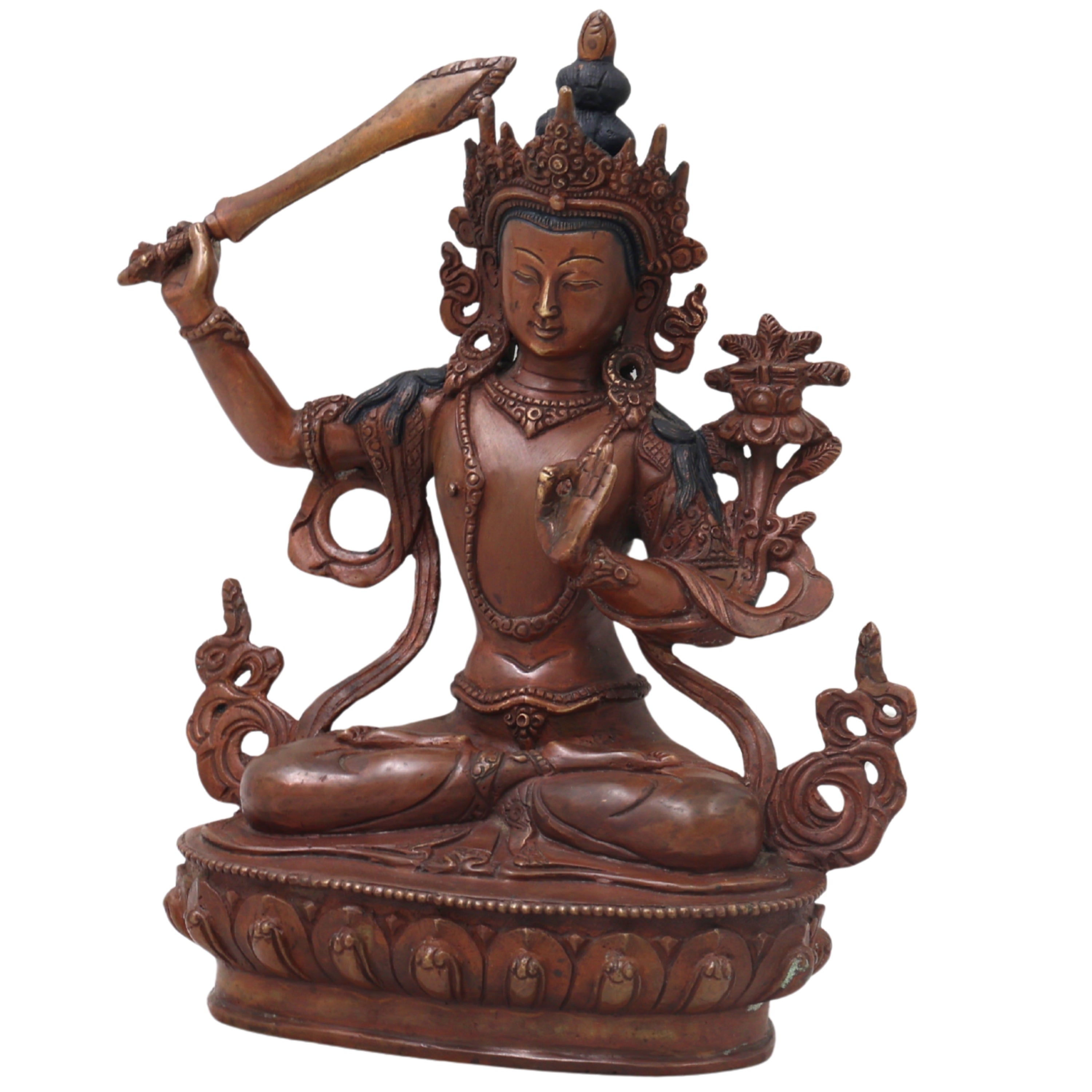 Handcrafted Brass Manjushri Idol for Wisdom, Meditation, Spiritual Decor &amp; Temple Pooja, Brown, 9.5 Inch, 1 Piece