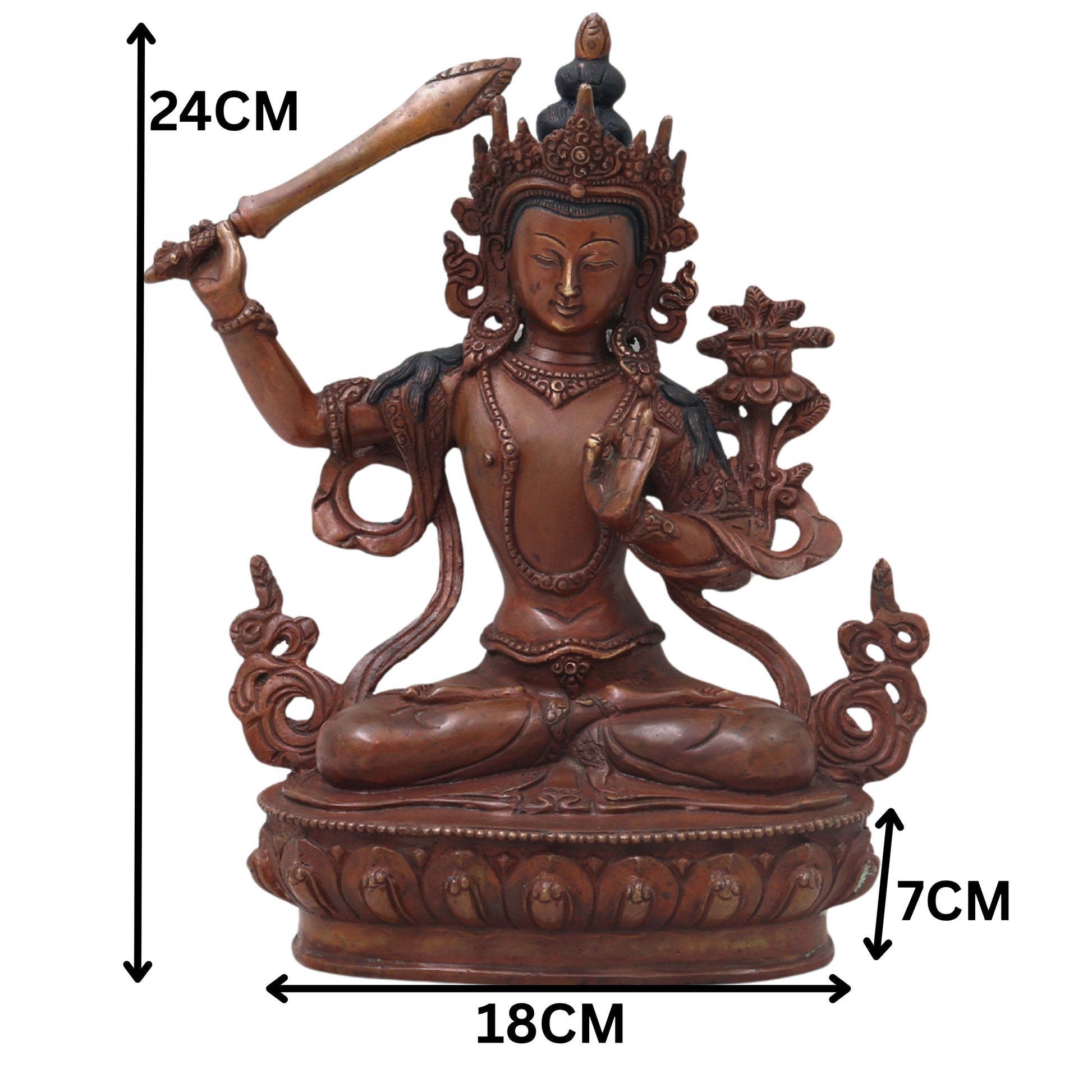 Handcrafted Brass Manjushri Idol for Wisdom, Meditation, Spiritual Decor &amp; Temple Pooja, Brown, 9.5 Inch, 1 Piece