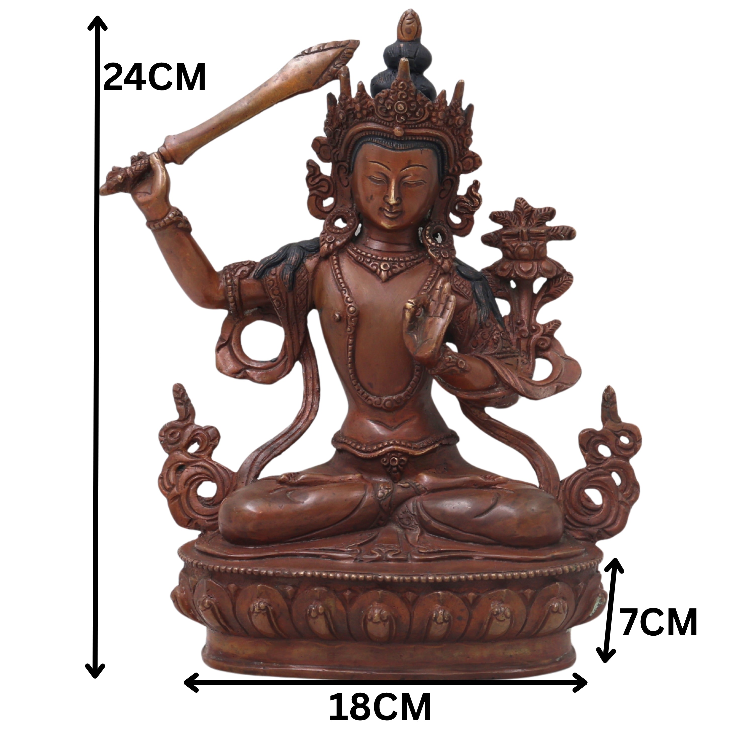 Handcrafted Brass Manjushri Idol for Wisdom, Meditation, Spiritual Decor &amp; Temple Pooja, Brown, 9.5 Inch, 1 Piece