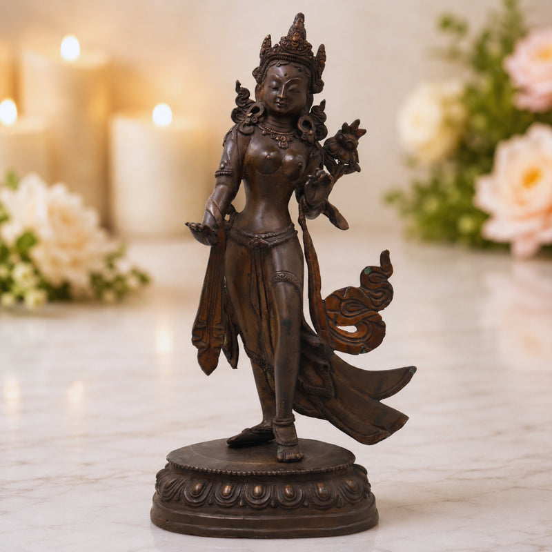 Handcrafted Brass Tara Devi Idol for Meditation, Spiritual Healing, Buddhist Pooja &amp; Home Decor, Green, 13 Inch, 1 Piece