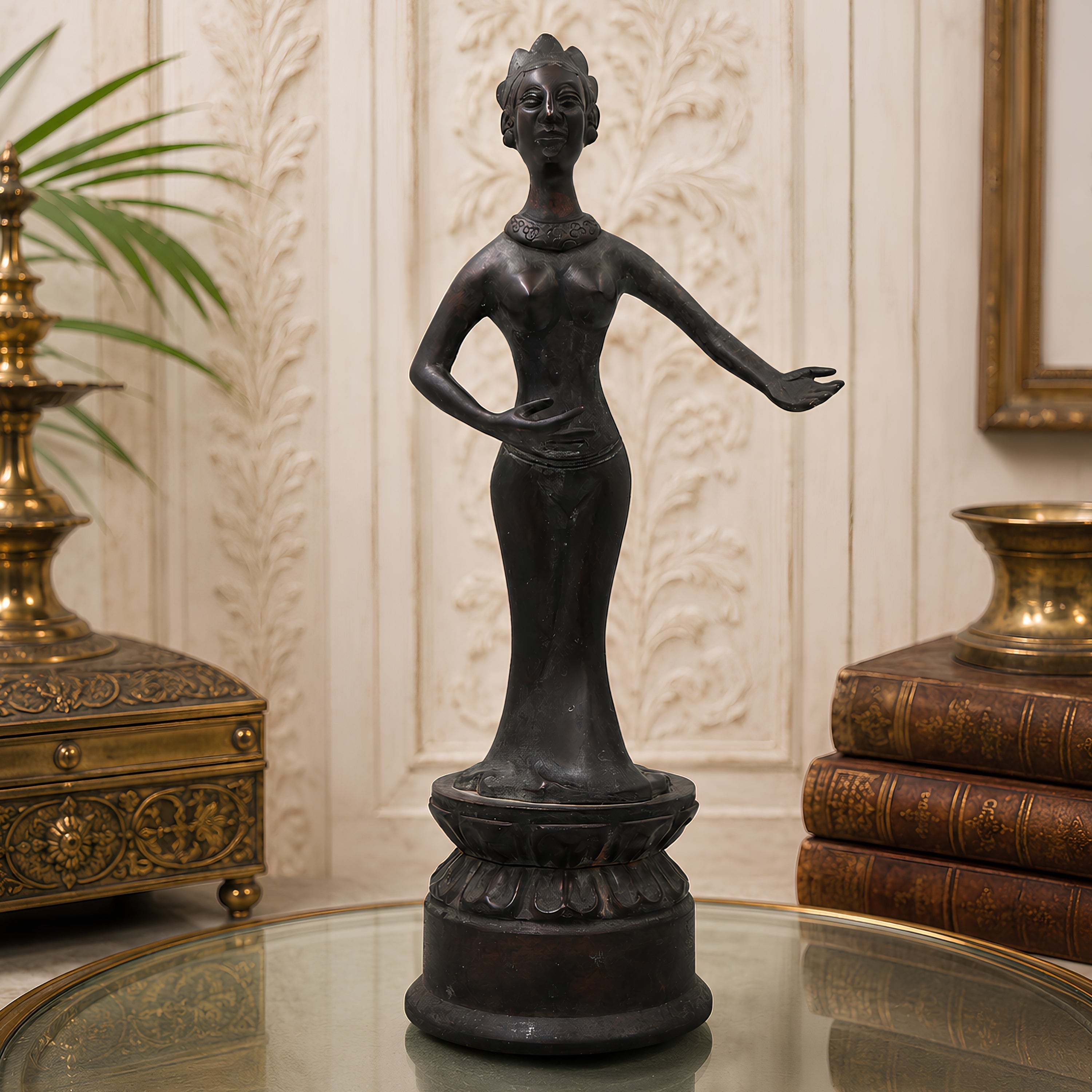 Brass Vintage Lady Showpiece Handcrafted Traditional Chola Style Figurine for Home Decor & Gifting, Brown, 14 Inch, 1 Piece