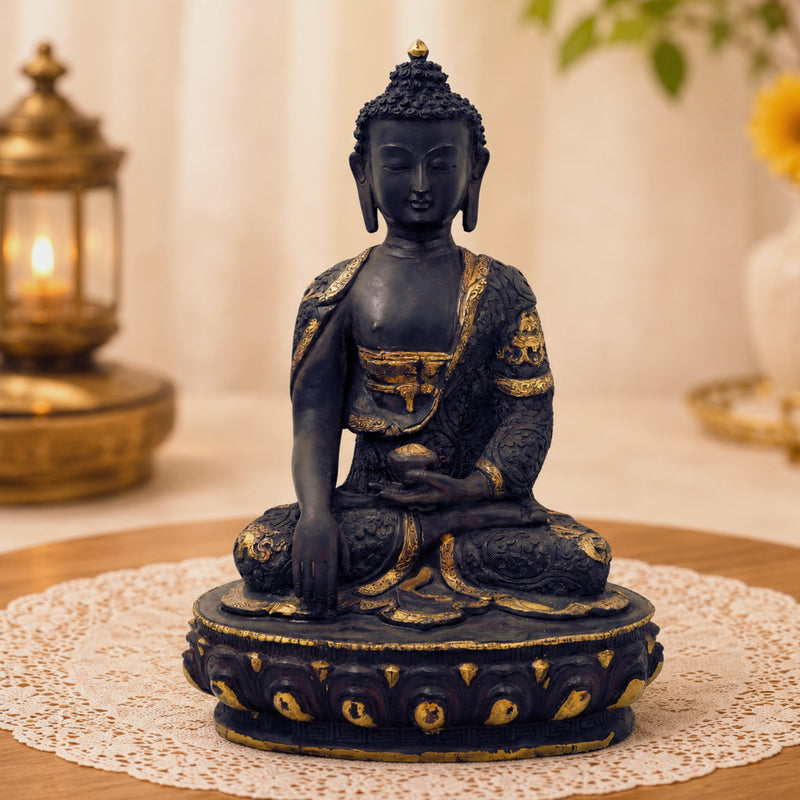 Brass Gautama Buddha Idol Handmade Traditional Sculpture for Pooja Home Decor Spiritual Gifting, Black, 14 Inch, 1 Piece