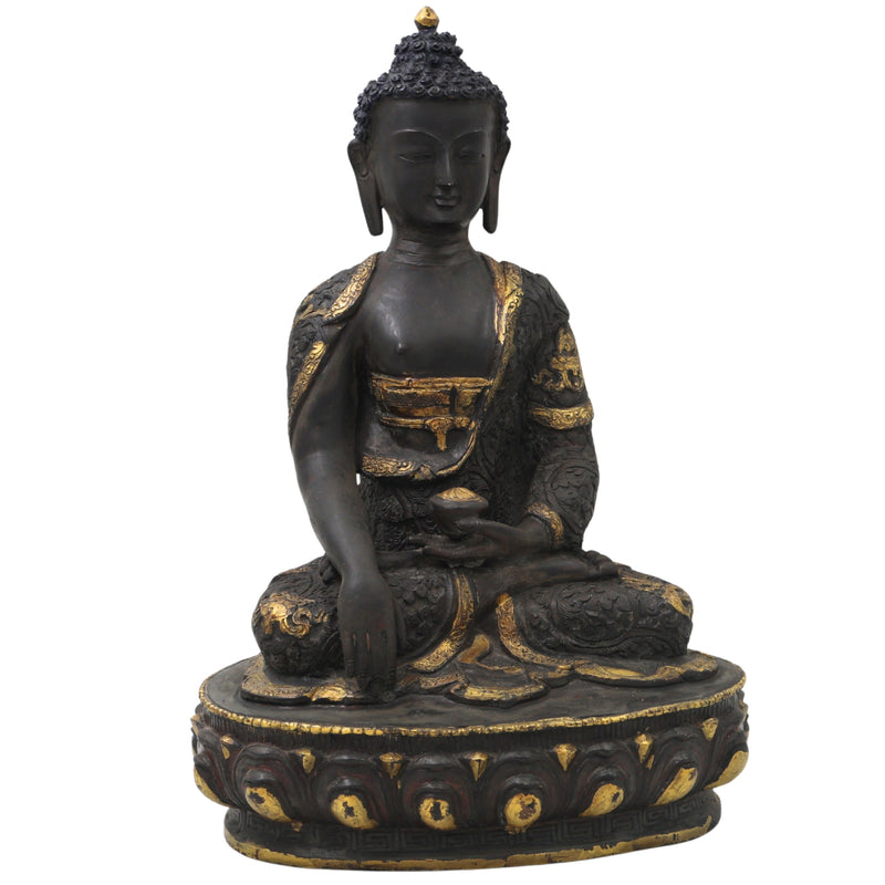 Brass Gautama Buddha Idol Handmade Traditional Sculpture for Pooja Home Decor Spiritual Gifting, Black, 14 Inch, 1 Piece