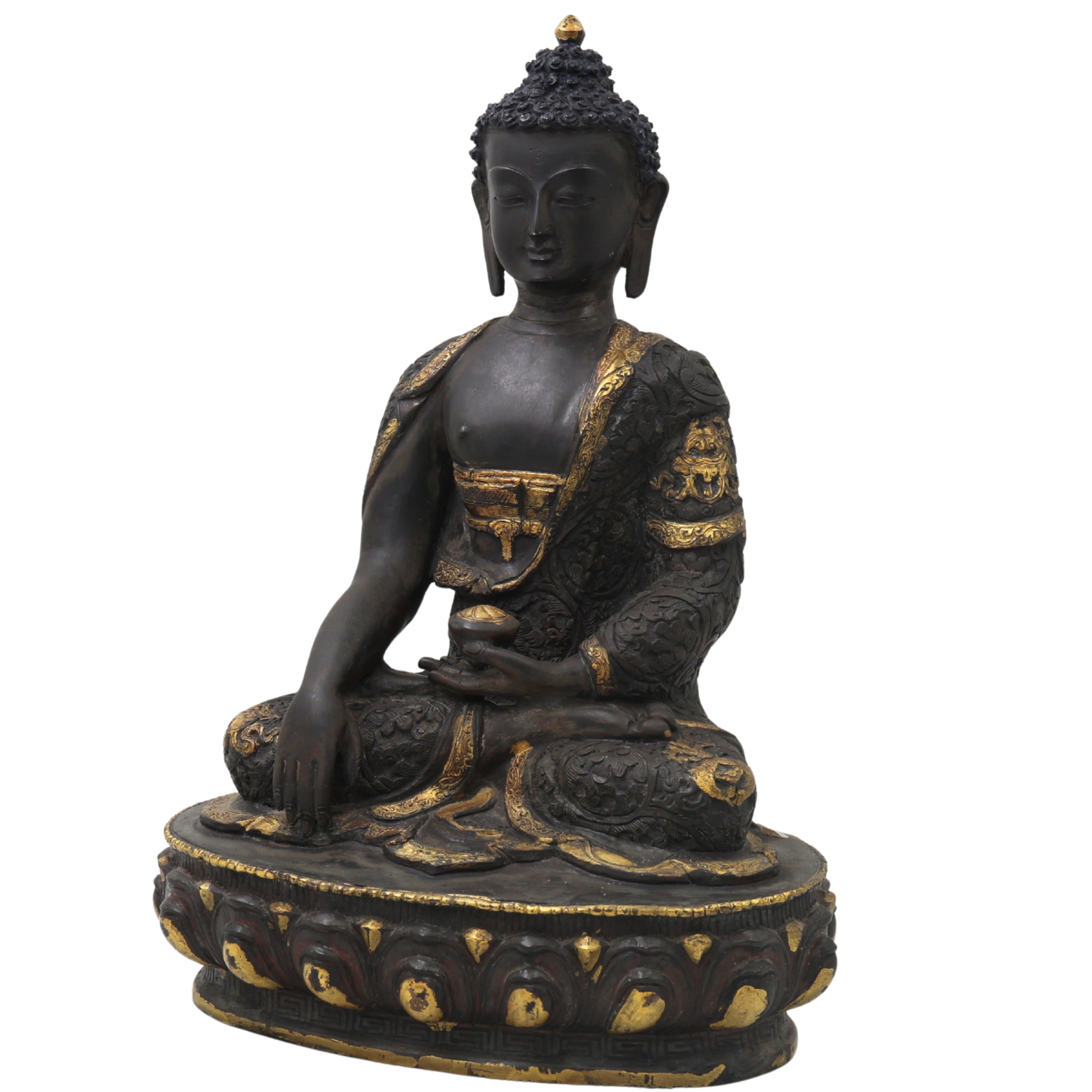 Brass Gautama Buddha Idol Handmade Traditional Sculpture for Pooja Home Decor Spiritual Gifting, Black, 14 Inch, 1 Piece
