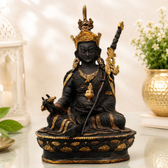 Brass Guru Rinpoche Padmasambhava Idol for Pooja, Handcrafted Traditional Tibetan Home Decor Gift Statue, Black, 8.5 Inch, 1 Piece