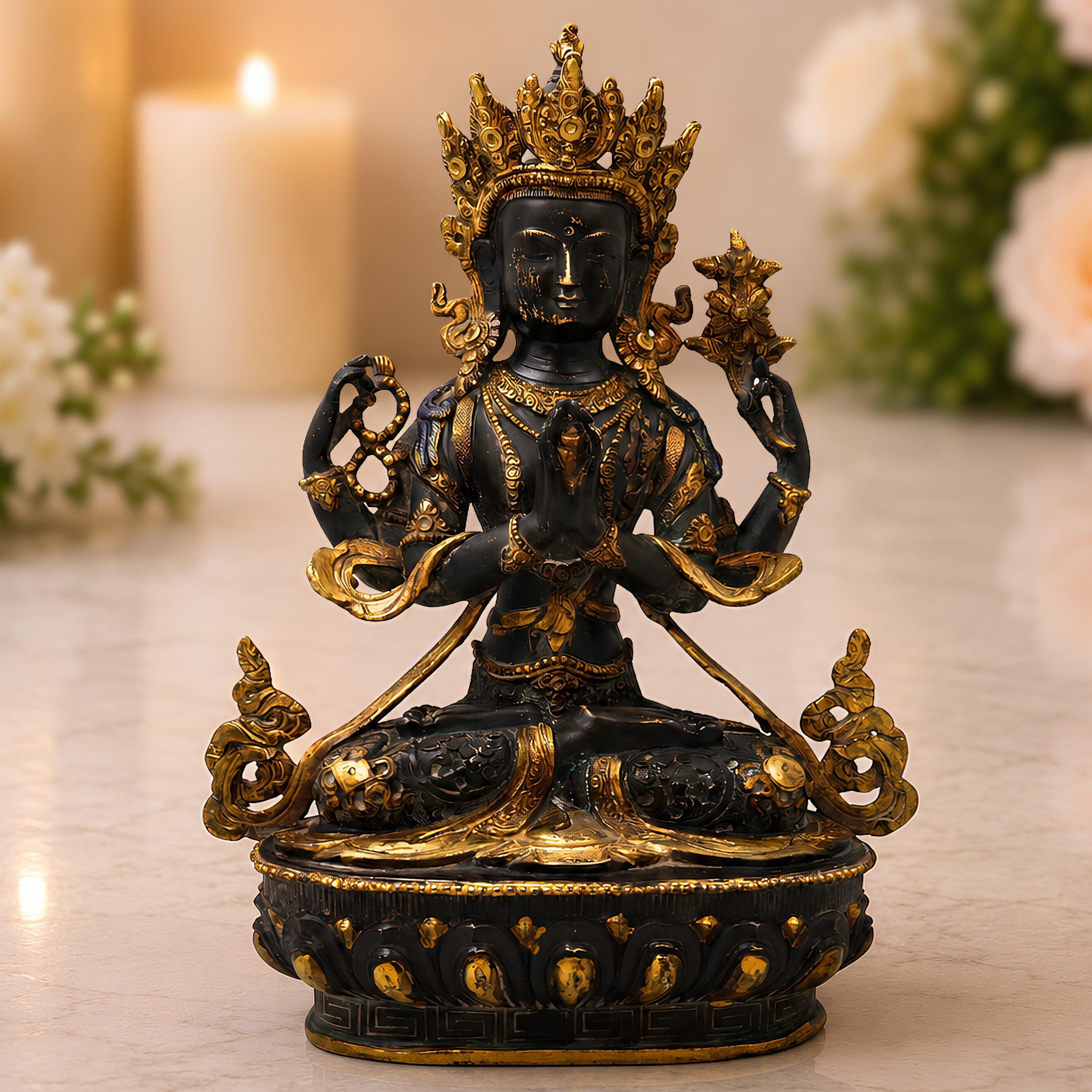 Brass Avalokiteshvara Idol Handcrafted Padmapani Lokanatha Bodhisattva Statue for Pooja Decor & Gifting 35cm, Black, 14 Inch, 1 Piece