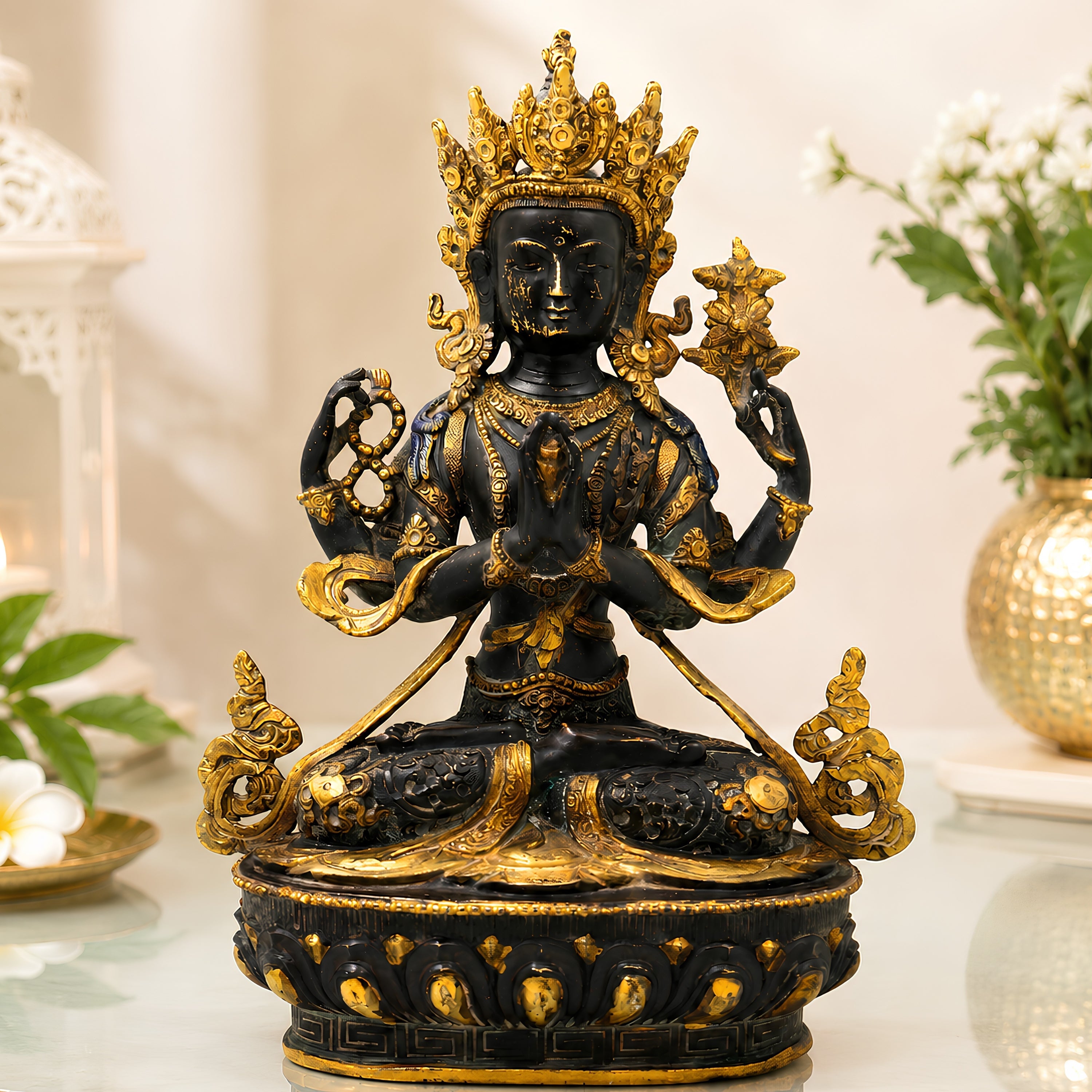 Brass Avalokiteshvara Idol Handcrafted Padmapani Lokanatha Bodhisattva Statue for Pooja Decor & Gifting 35cm, Black, 14 Inch, 1 Piece