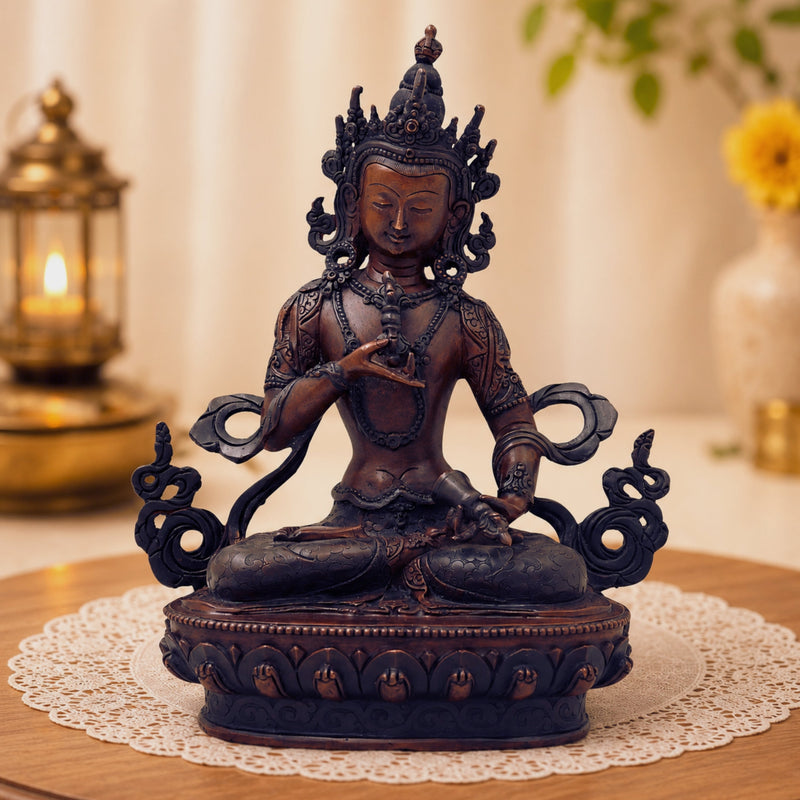 Brass Vajrasattva Idol Handmade Tibetan Buddhist Murti for Pooja Home Decor Spiritual Gifting Statue, Brown, 9.5 Inch, 1 Piece