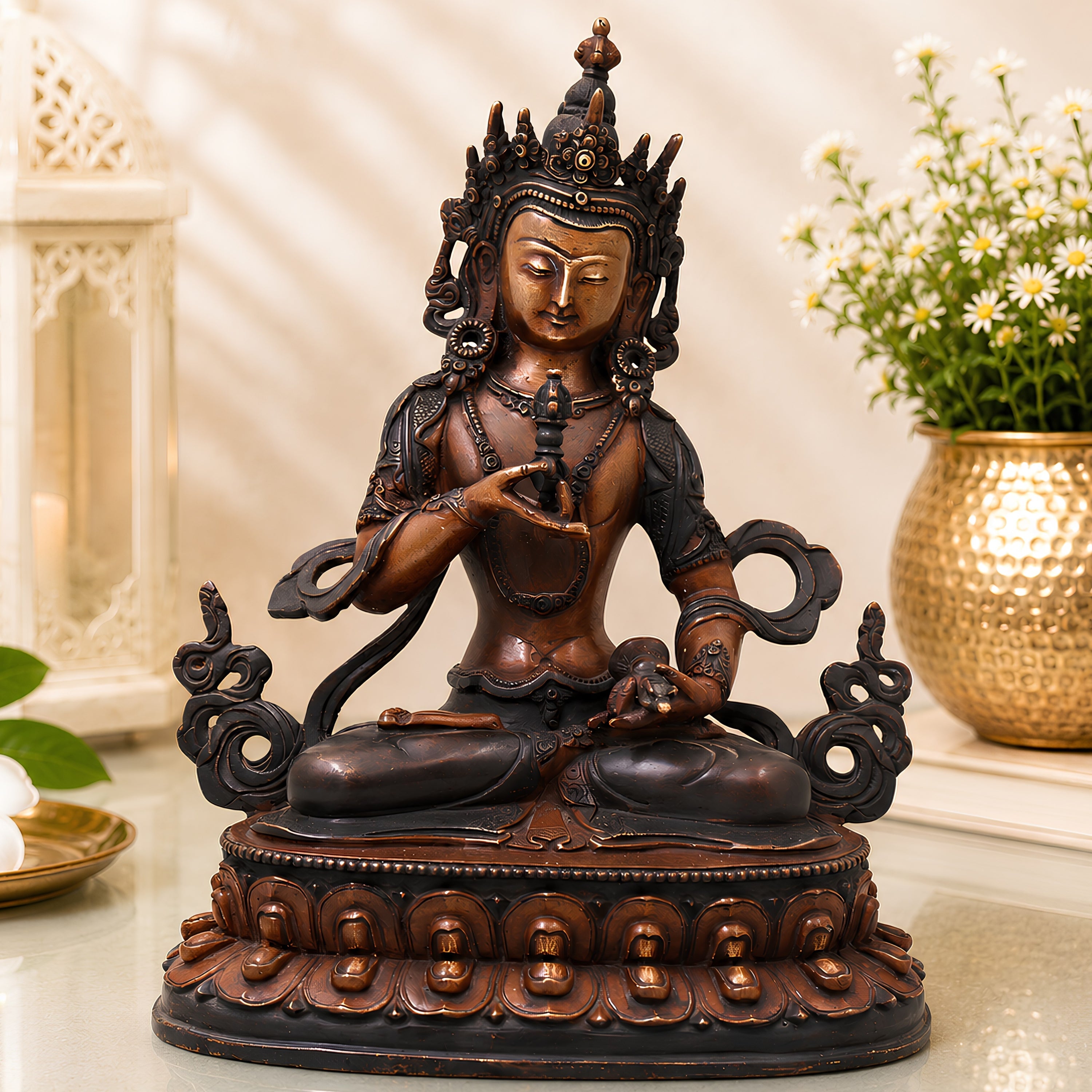 Brass Vajrasattva Idol Handmade Tibetan Buddhist Murti for Pooja Home Decor Spiritual Gifting Statue, Brown, 9.5 Inch, 1 Piece