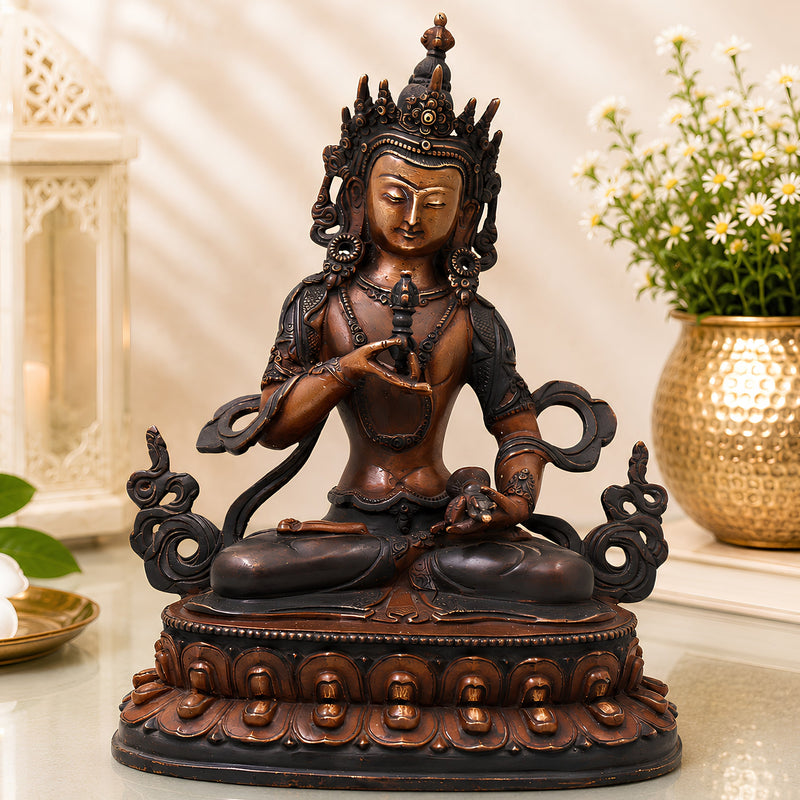Brass Vajrasattva Idol Handmade Tibetan Buddhist Murti for Pooja Home Decor Spiritual Gifting Statue, Brown, 9.5 Inch, 1 Piece