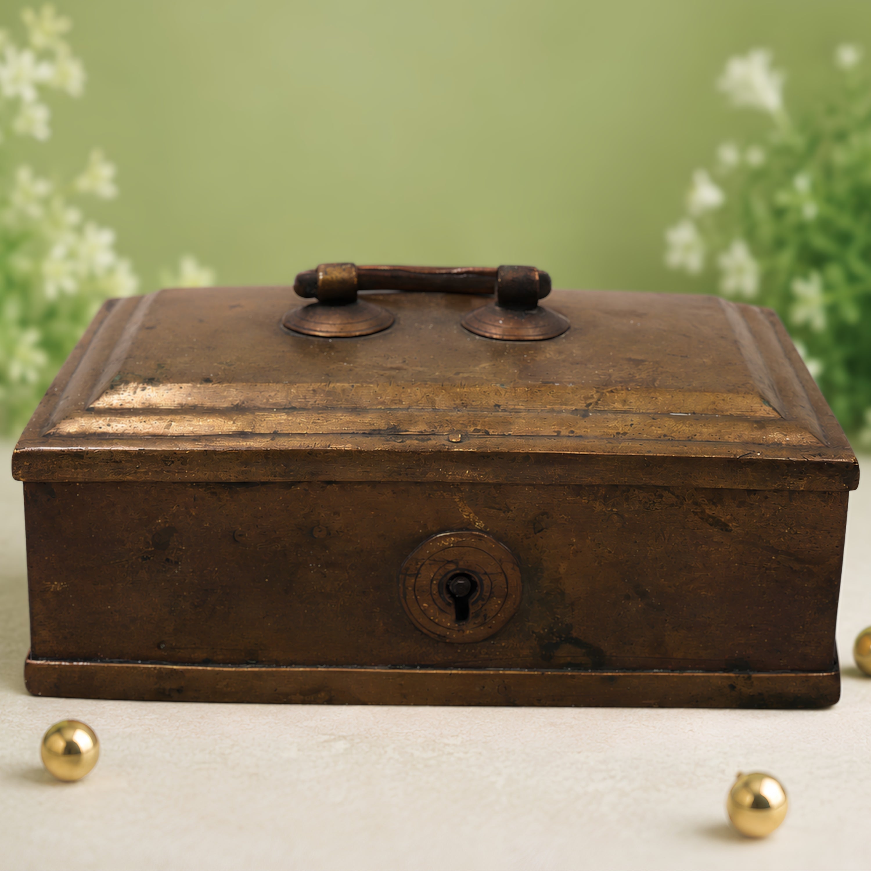 Brass Vintage Box Handcrafted Traditional Heritage Treasure Chest for Pooja, Home Decor, Collectible Gifting, Brown, 2.5 Inch, 1 Piece