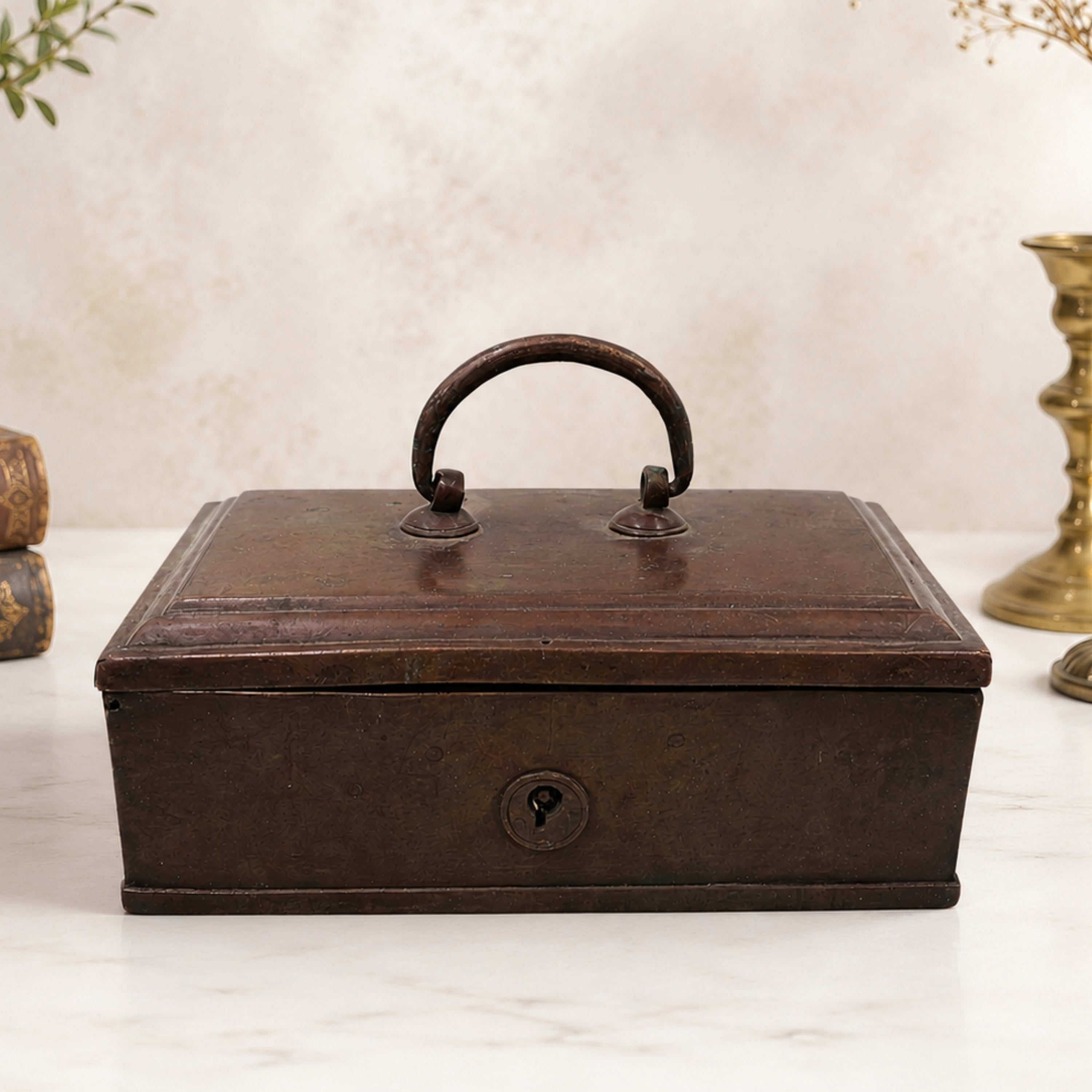 Brass Vintage Box for Pooja, Home Decor, Gifting, Handcrafted Heritage Treasure Chest Style, Brown, 2 Inch, 1 Piece