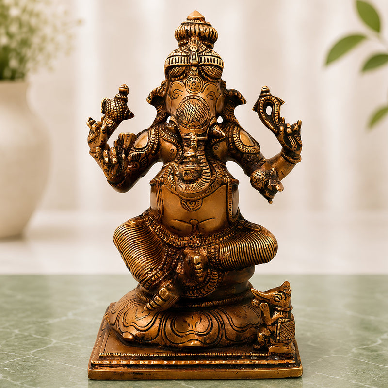 Brass Ganesha Ganapati Idol Handcrafted Traditional Vinayaka Murti for Pooja Home Decor & Gifting, Gold, 9.5 Inch, 1 Piece