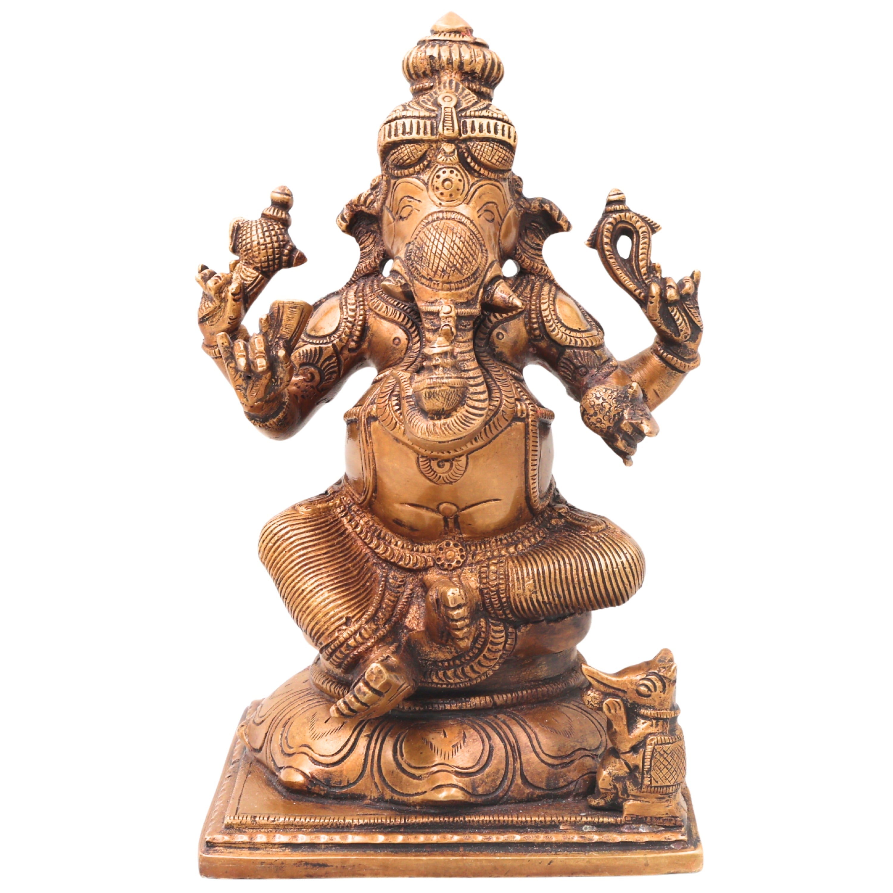 Brass Ganesha Ganapati Idol Handcrafted Traditional Vinayaka Murti for Pooja Home Decor & Gifting, Gold, 9.5 Inch, 1 Piece