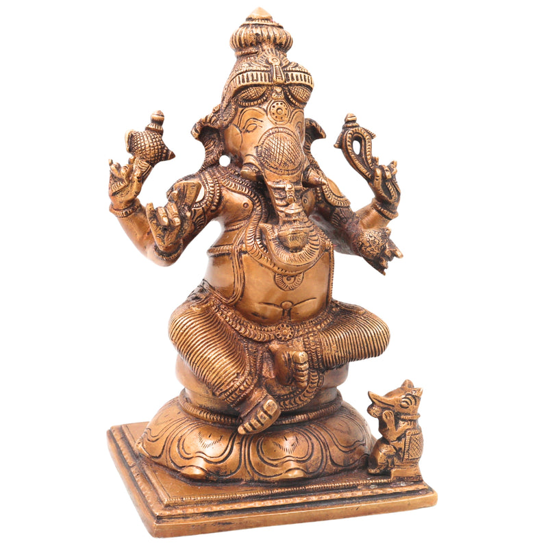 Brass Ganesha Ganapati Idol Handcrafted Traditional Vinayaka Murti for Pooja Home Decor & Gifting, Gold, 9.5 Inch, 1 Piece