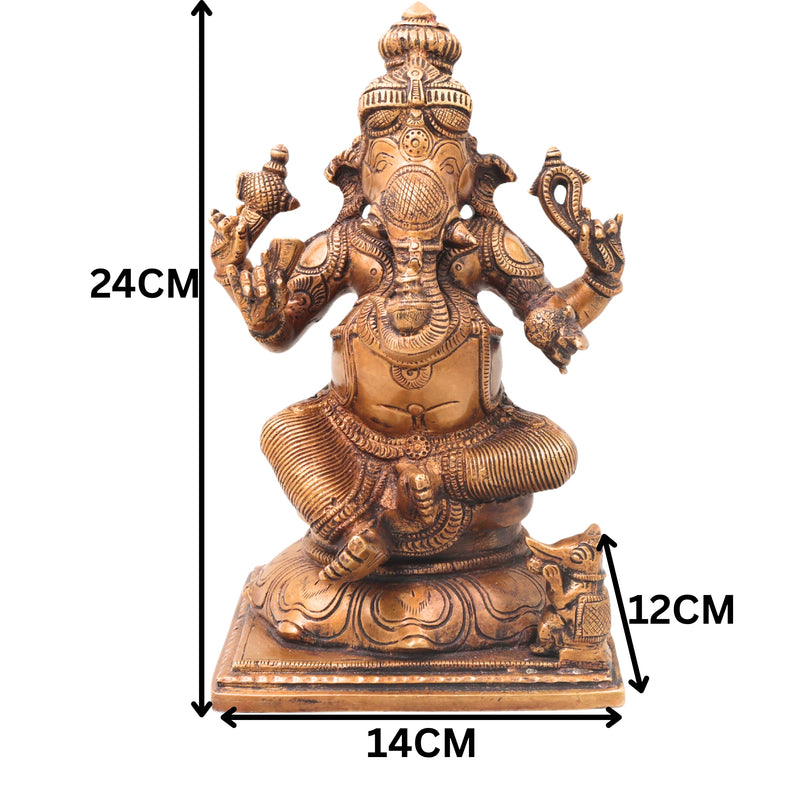 Brass Ganesha Ganapati Idol Handcrafted Traditional Vinayaka Murti for Pooja Home Decor & Gifting, Gold, 9.5 Inch, 1 Piece