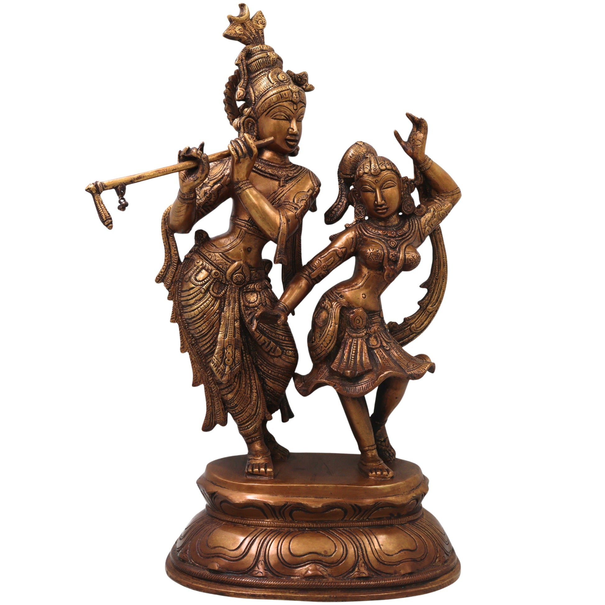 Brass Radha Krishna Idol Murti Handmade Traditional Chola Style Pooja Home Decor Gift Statue, Gold, 17 Inch, 1 Piece