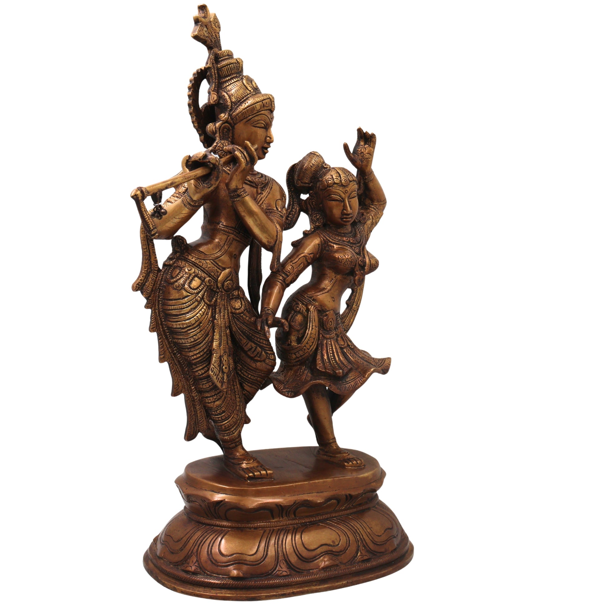 Brass Radha Krishna Idol Murti Handmade Traditional Chola Style Pooja Home Decor Gift Statue, Gold, 17 Inch, 1 Piece