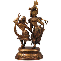 Brass Radha Krishna Idol Murti Handmade Traditional Chola Style Pooja Home Decor Gift Statue, Gold, 17 Inch, 1 Piece
