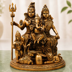 Brass Shiv Parivar Murti with Nandi, Handcrafted Chola Style Mahadev Family Idol for Pooja & Decor, Gold, 10 Inch, 1 Piece
