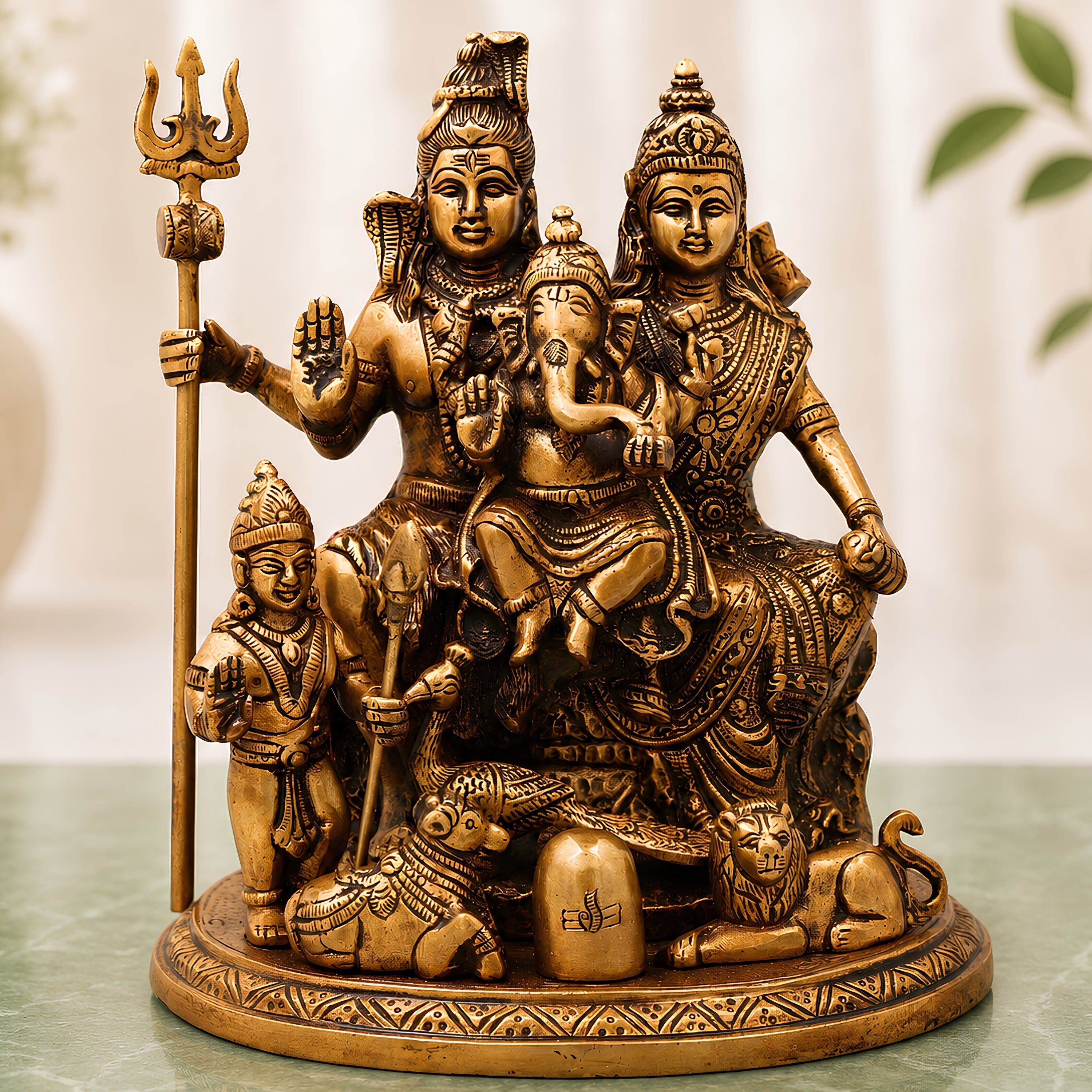Brass Shiv Parivar Murti with Nandi, Handcrafted Chola Style Mahadev Family Idol for Pooja & Decor, Gold, 10 Inch, 1 Piece