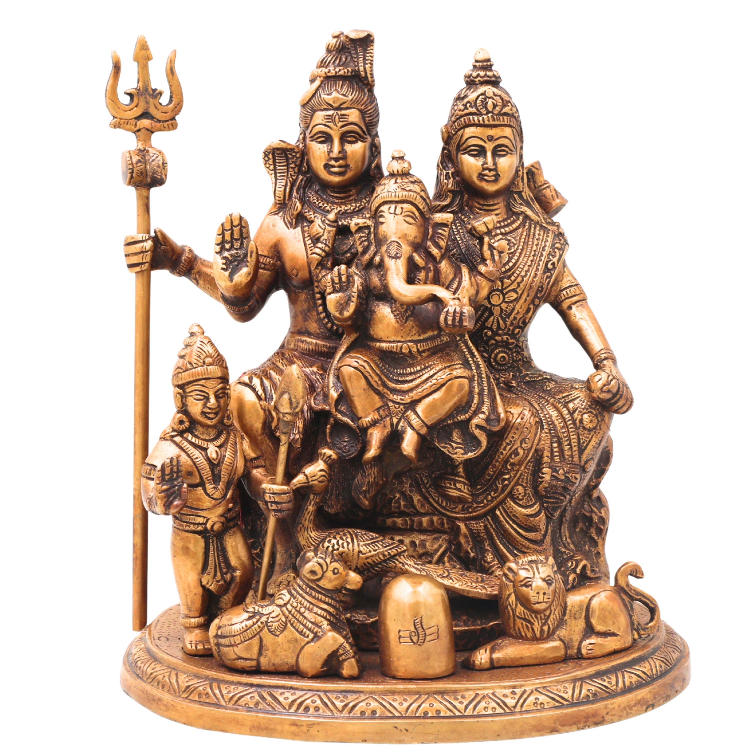 Brass Shiv Parivar Murti with Nandi, Handcrafted Chola Style Mahadev Family Idol for Pooja & Decor, Gold, 10 Inch, 1 Piece
