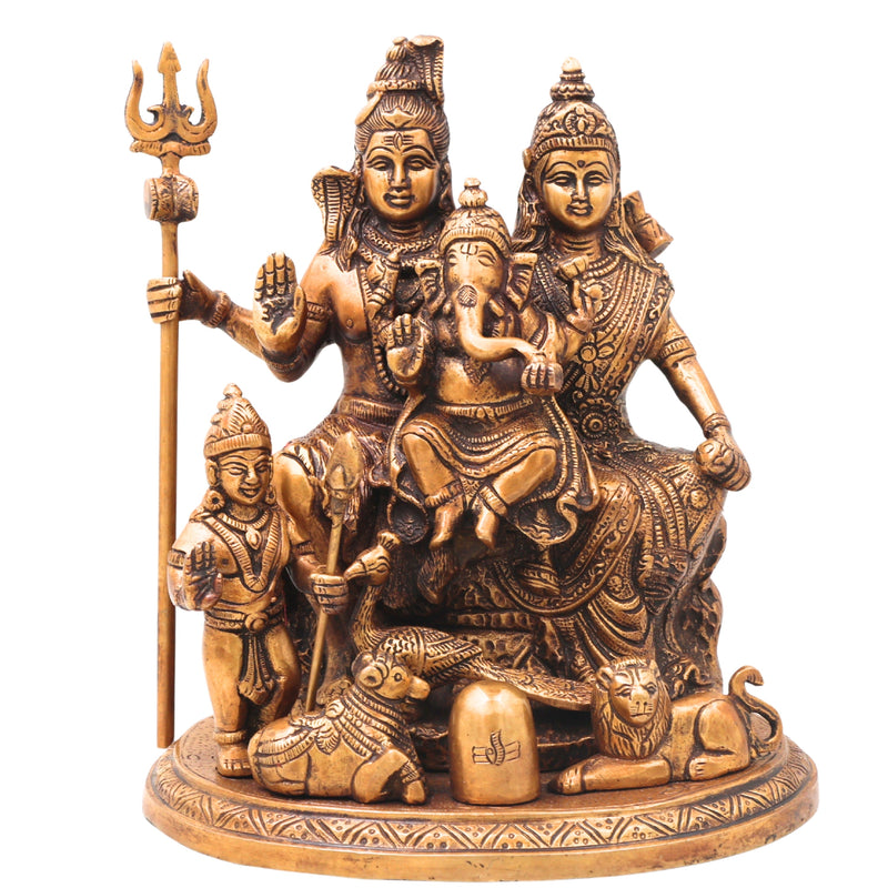 Brass Shiv Parivar Murti with Nandi, Handcrafted Chola Style Mahadev Family Idol for Pooja & Decor, Gold, 10 Inch, 1 Piece