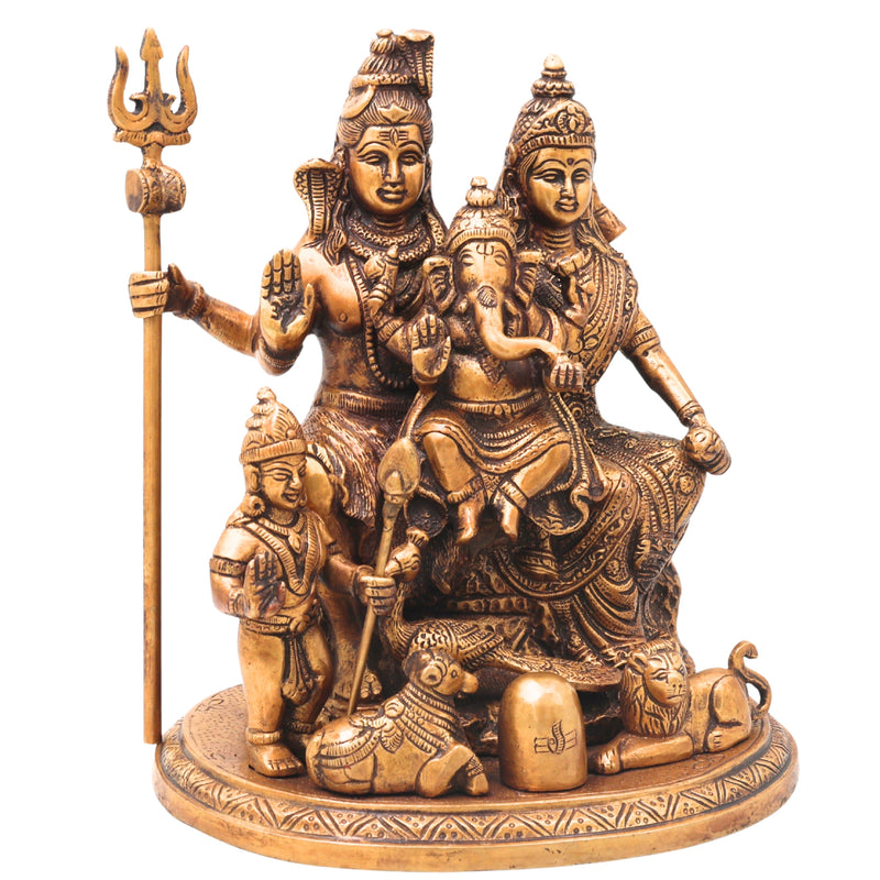 Brass Shiv Parivar Murti with Nandi, Handcrafted Chola Style Mahadev Family Idol for Pooja & Decor, Gold, 10 Inch, 1 Piece