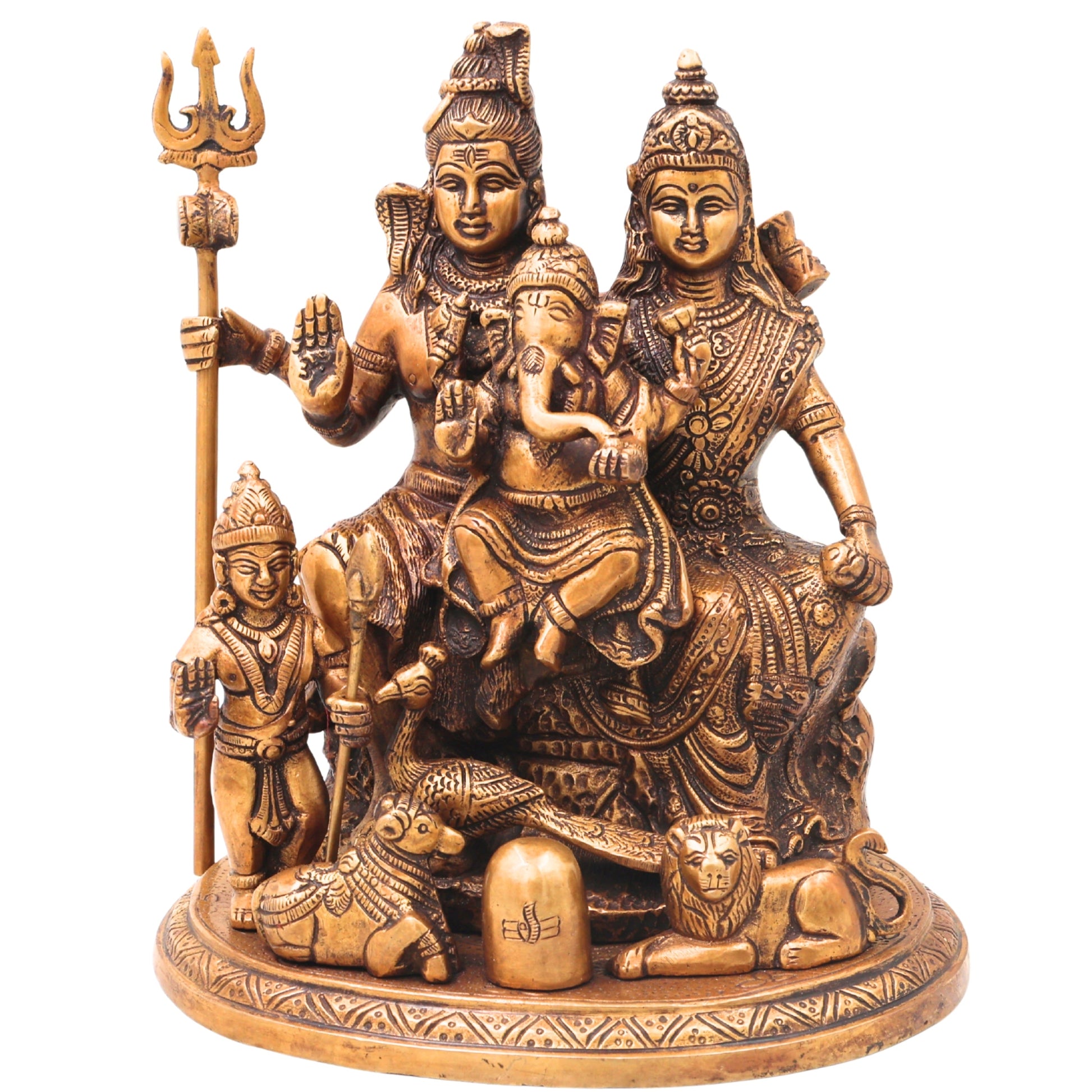 Brass Shiv Parivar Murti with Nandi, Handcrafted Chola Style Mahadev Family Idol for Pooja & Decor, Gold, 10 Inch, 1 Piece