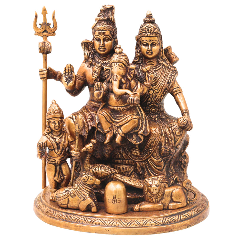 Brass Shiv Parivar Murti with Nandi, Handcrafted Chola Style Mahadev Family Idol for Pooja & Decor, Gold, 10 Inch, 1 Piece
