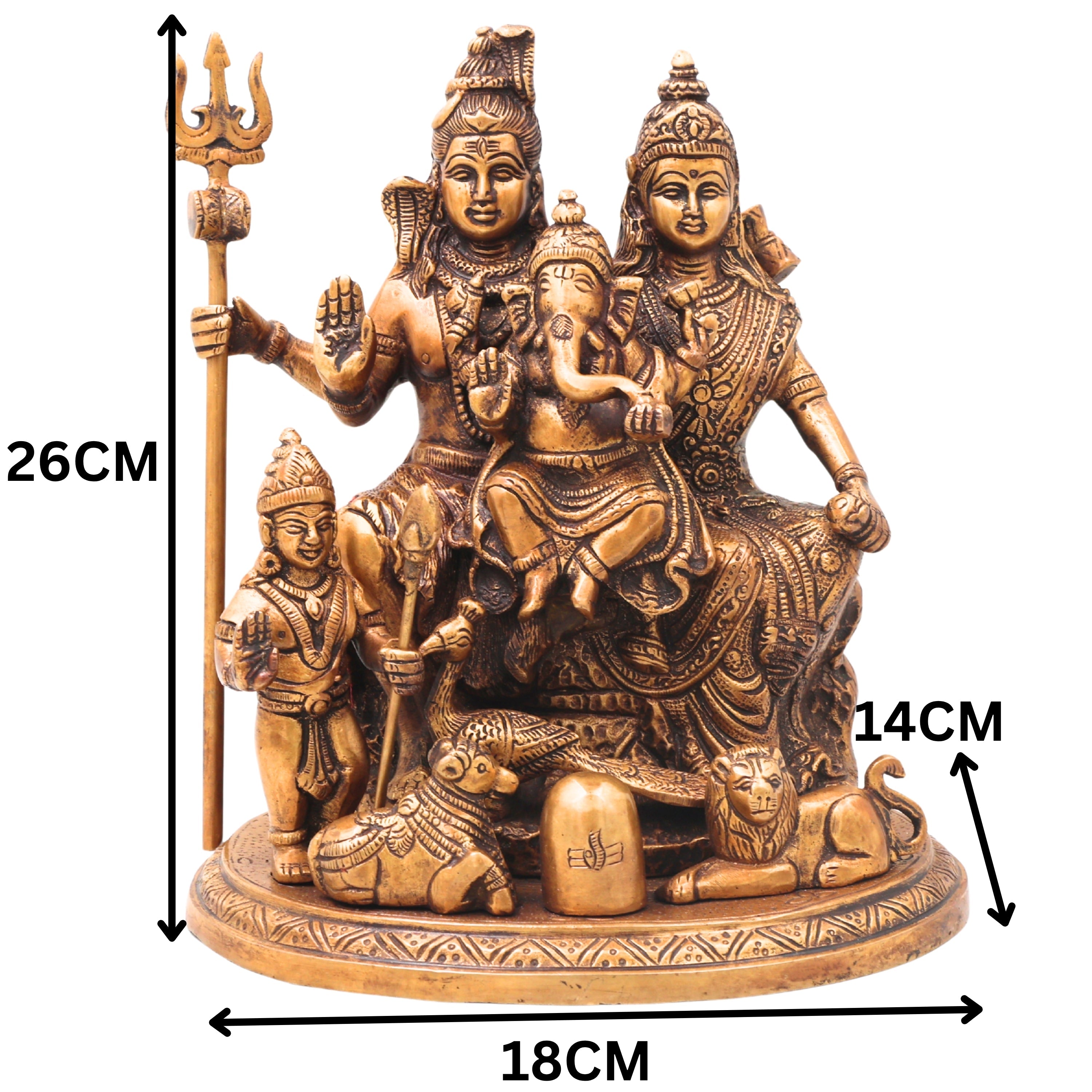 Brass Shiv Parivar Murti with Nandi, Handcrafted Chola Style Mahadev Family Idol for Pooja & Decor, Gold, 10 Inch, 1 Piece